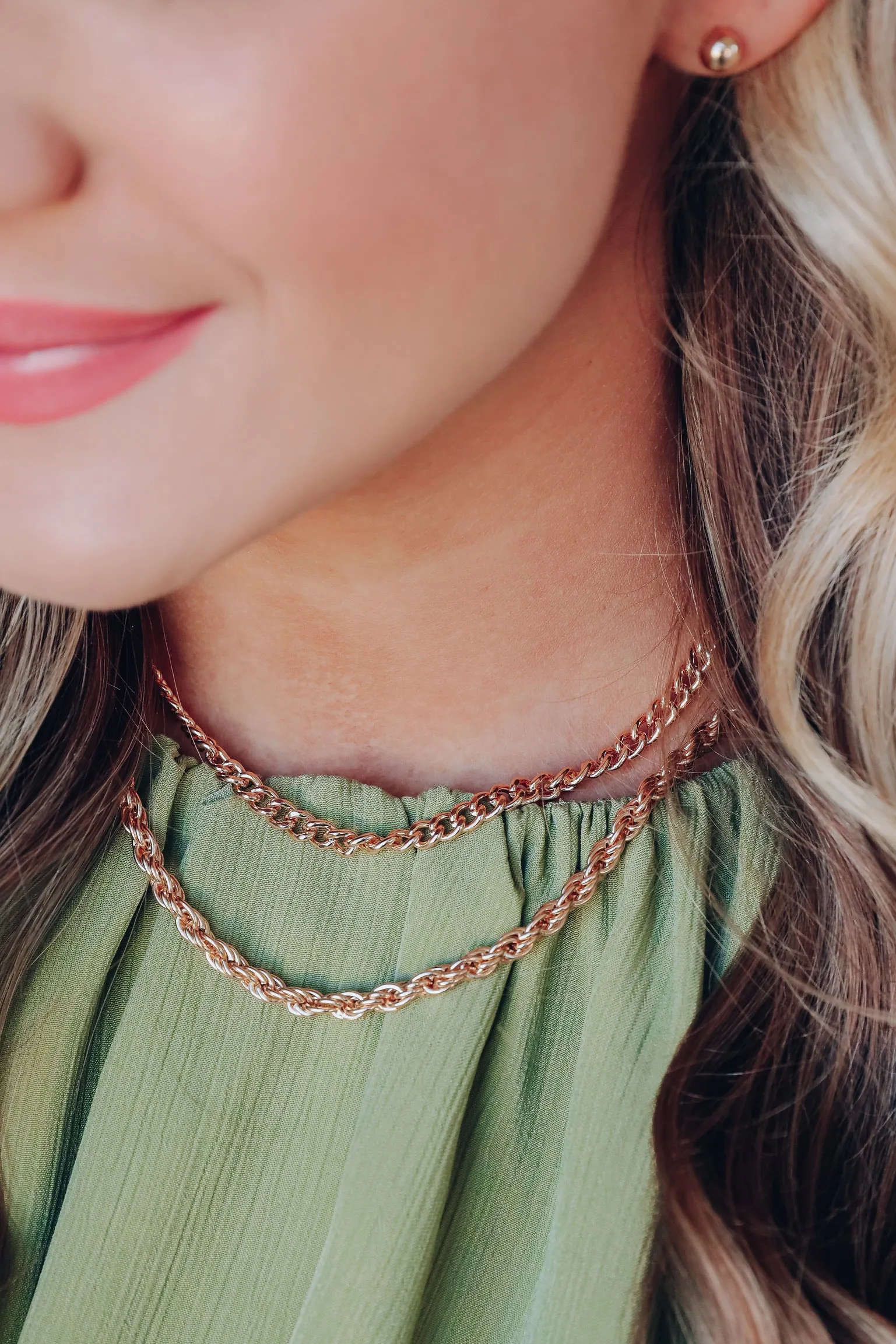 Rope And Curb Chain Necklace/Earring Set - Gold