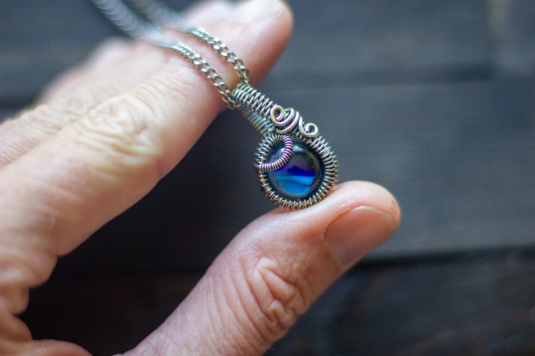 Shades of Blue Fused Glass and Sterling Silver Mini Pendant
