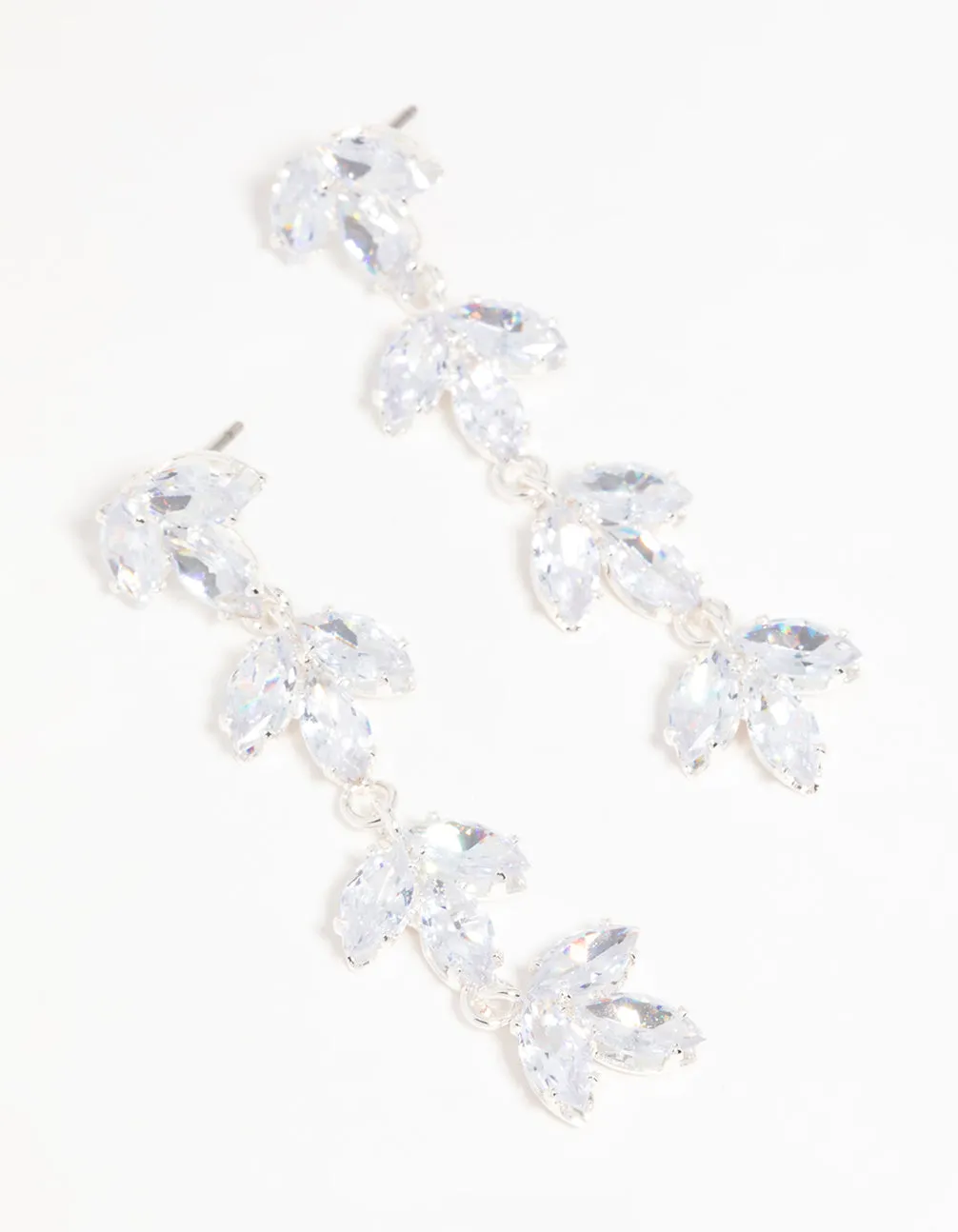 Silver Cubic Zirconia Flower Layered Drop Earrings
