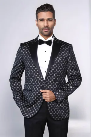 Silver Diamond Pattern Over Black Men Prom Blazer - Wessi