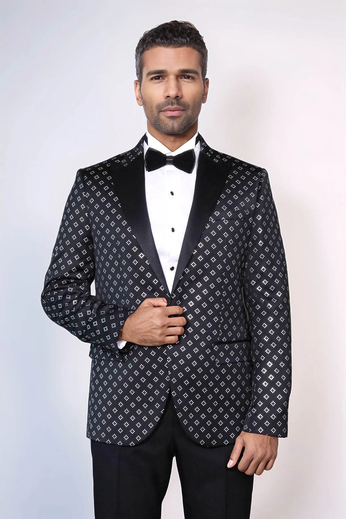 Silver Diamond Pattern Over Black Men Prom Blazer - Wessi