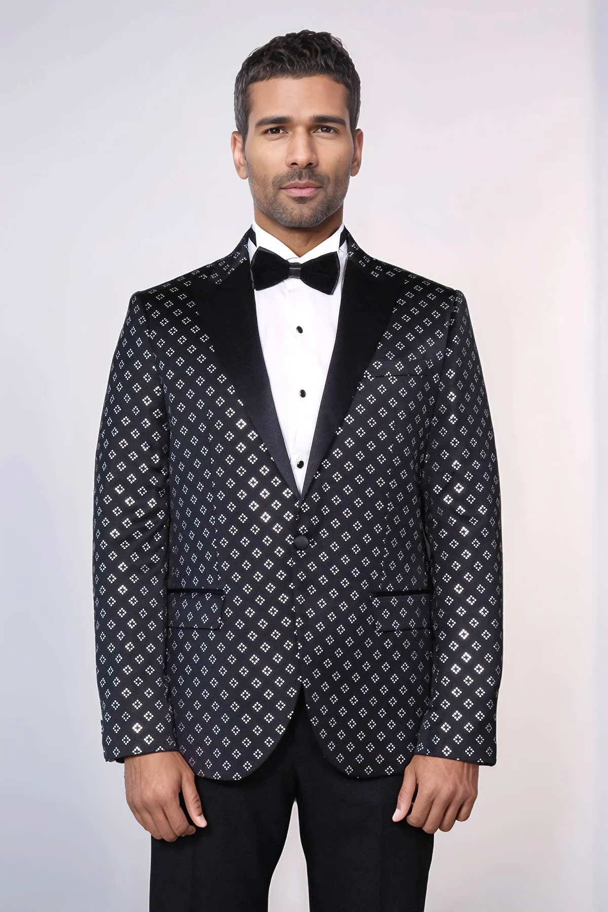 Silver Diamond Pattern Over Black Men Prom Blazer - Wessi
