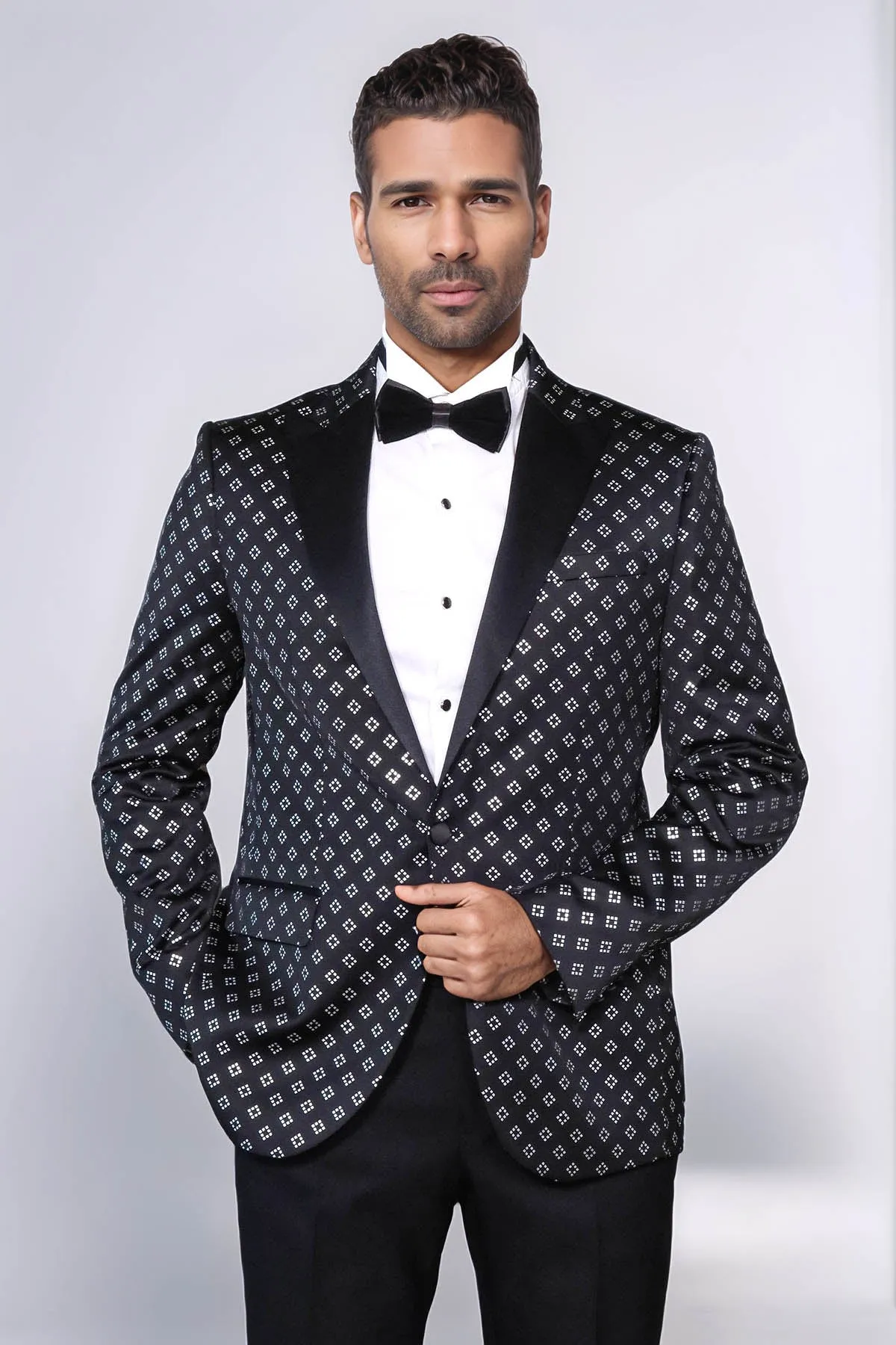 Silver Diamond Pattern Over Black Men Prom Blazer - Wessi