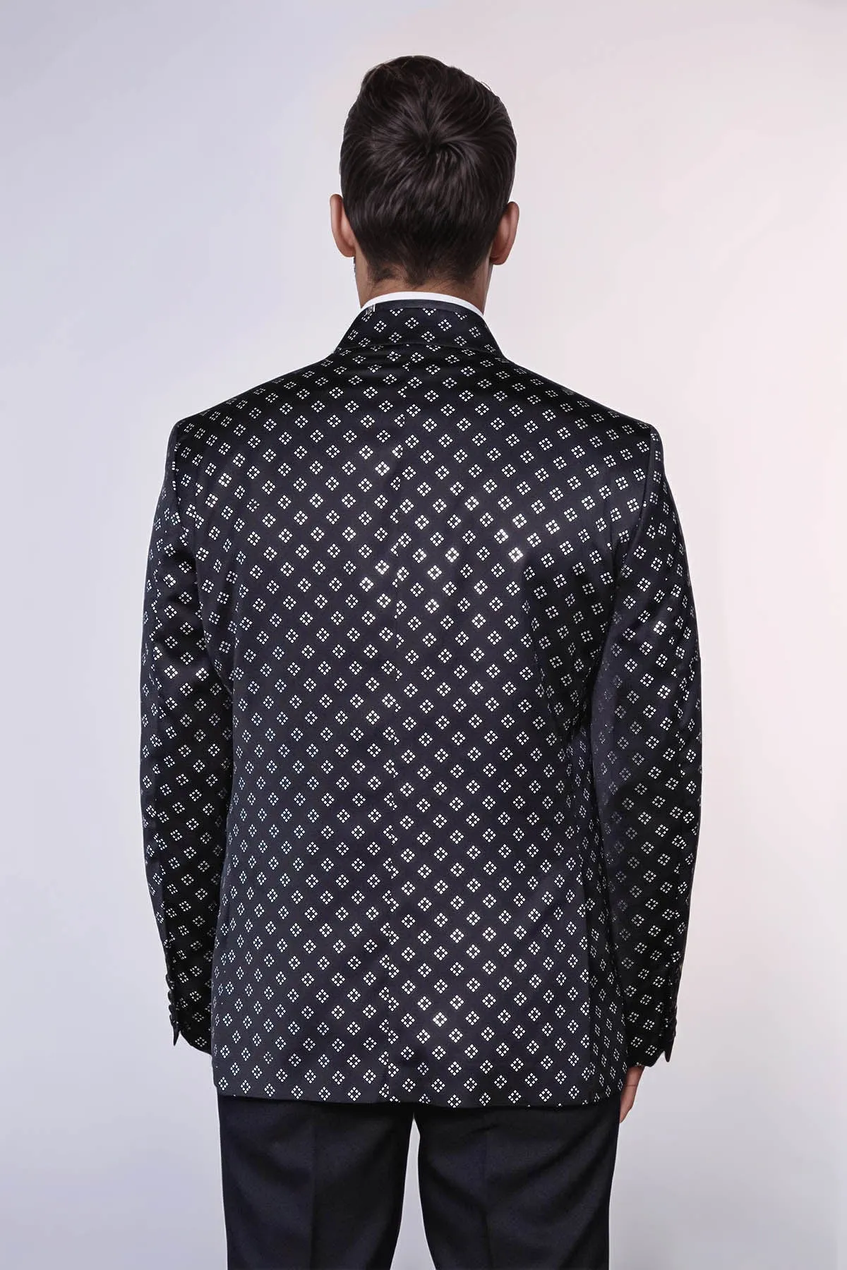 Silver Diamond Pattern Over Black Men Prom Blazer - Wessi