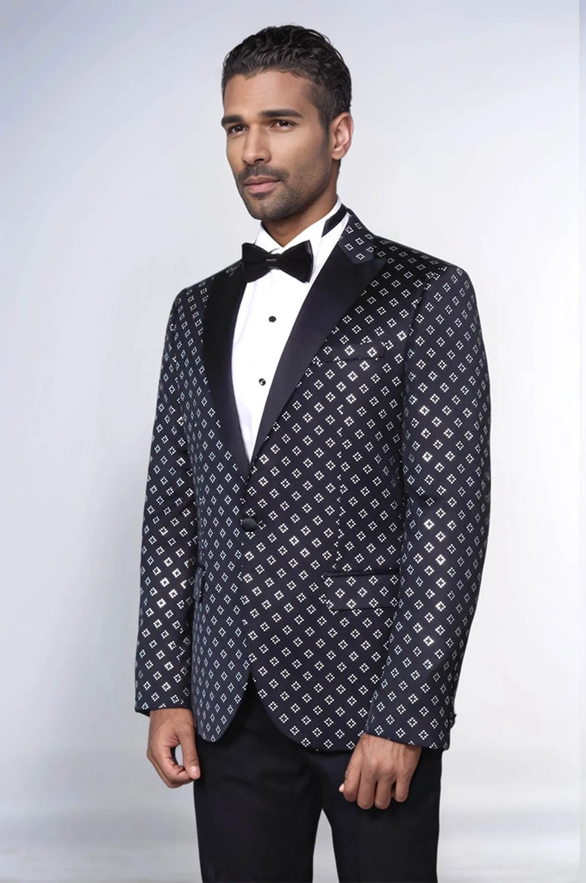 Silver Diamond Pattern Over Black Men Prom Blazer - Wessi
