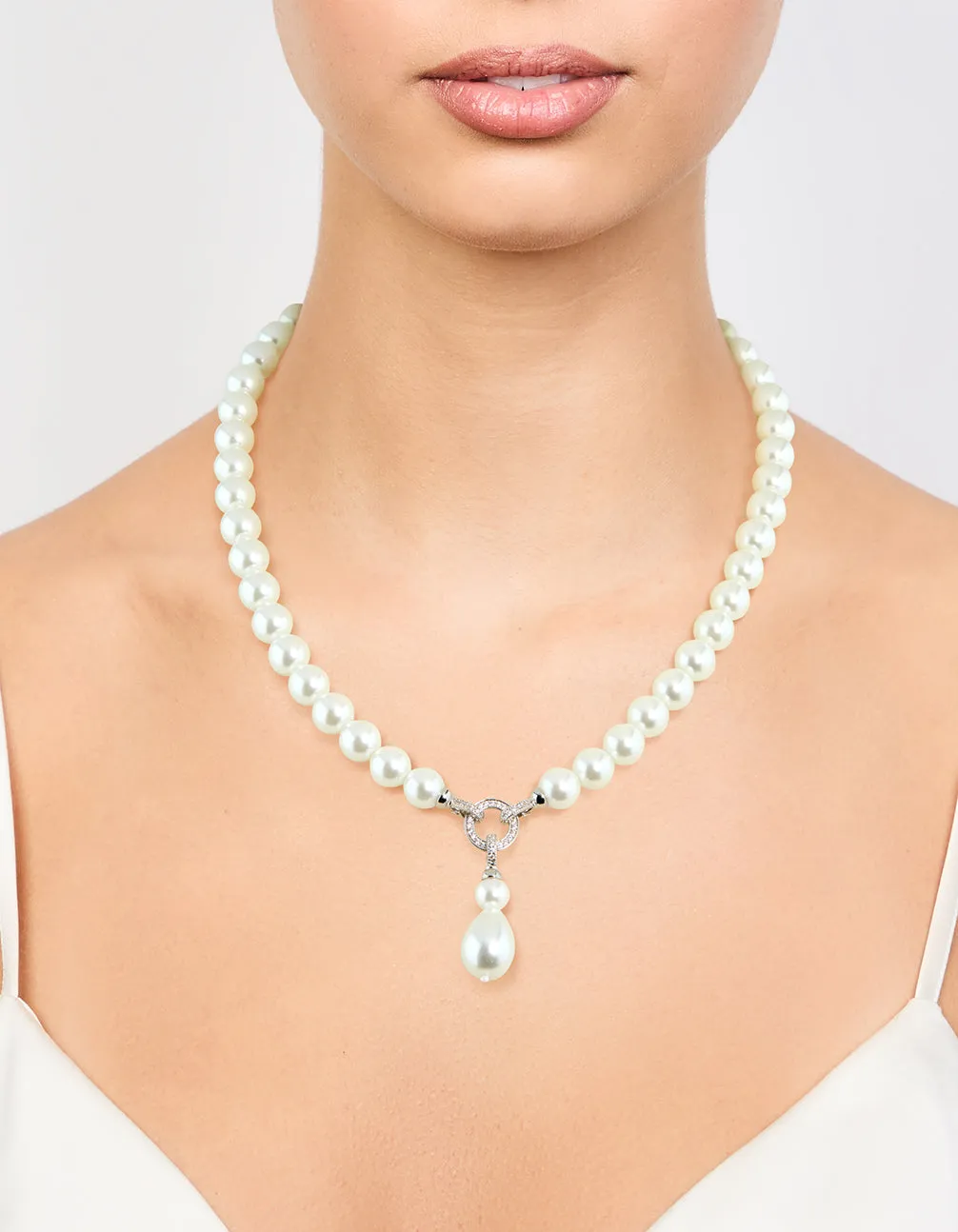 Silver Pearl Cubic Zirconia Short Necklace