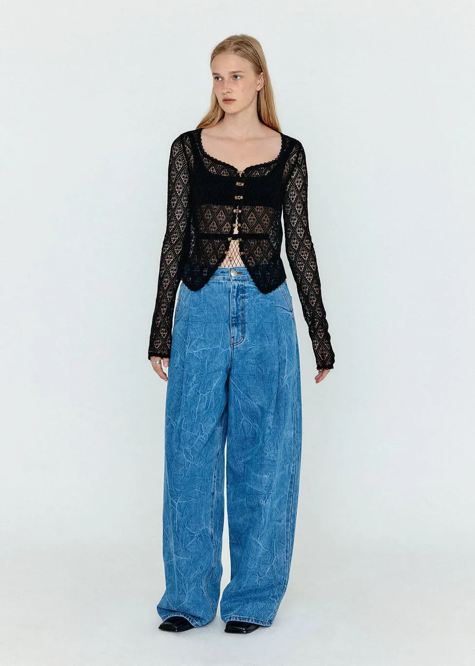 Sky Blue Folded Wide-Fit Jeans