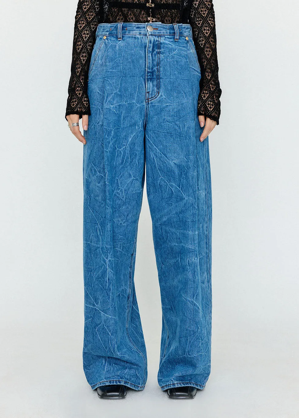Sky Blue Folded Wide-Fit Jeans