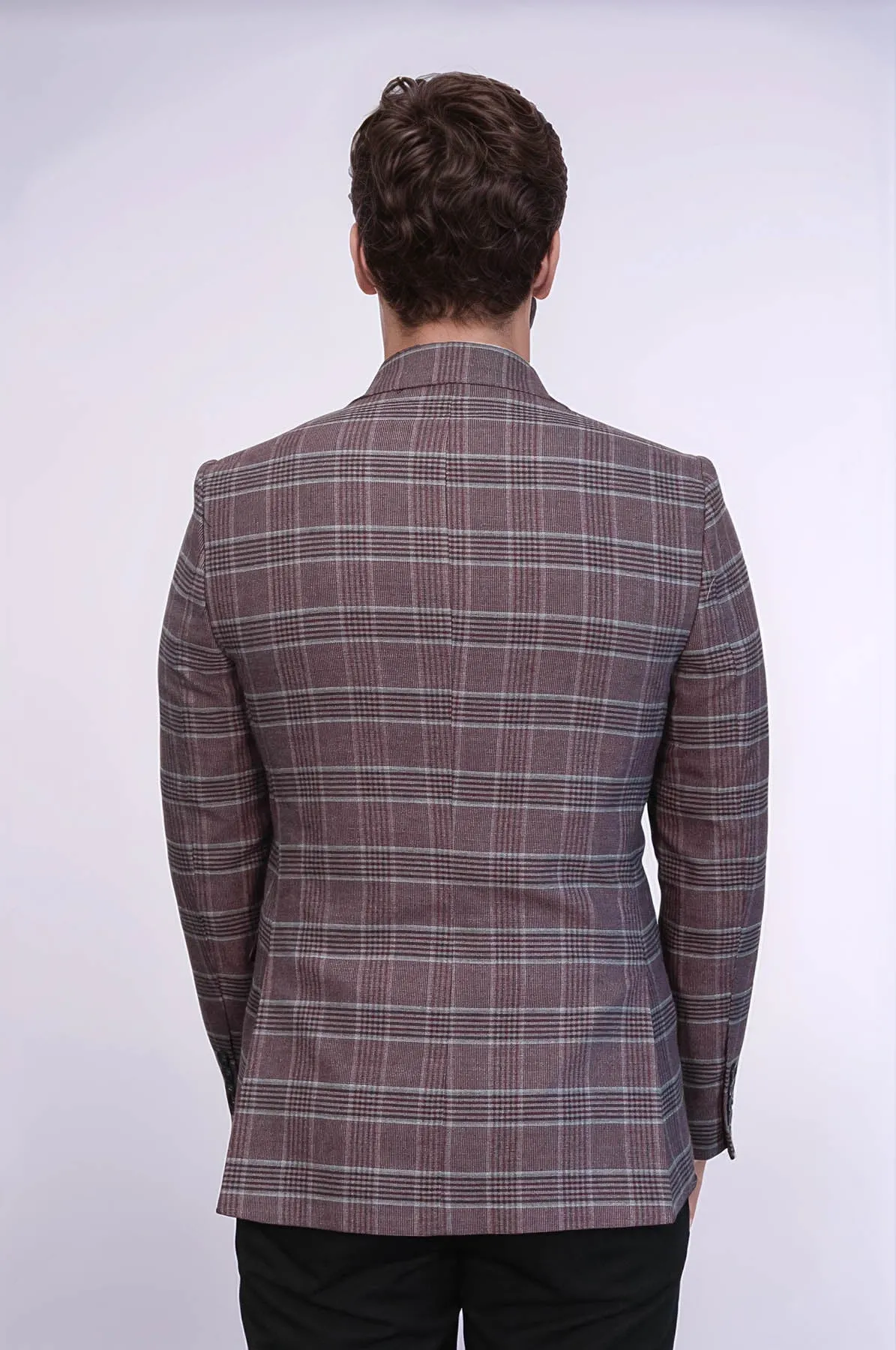 Slim-Fit Checked Burgundy Men Blazer - Wessi
