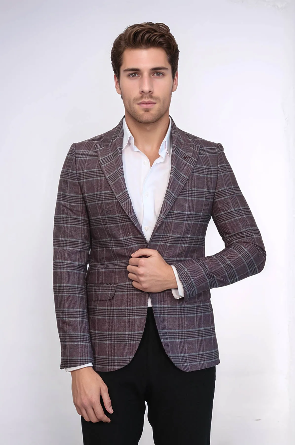 Slim-Fit Checked Burgundy Men Blazer - Wessi