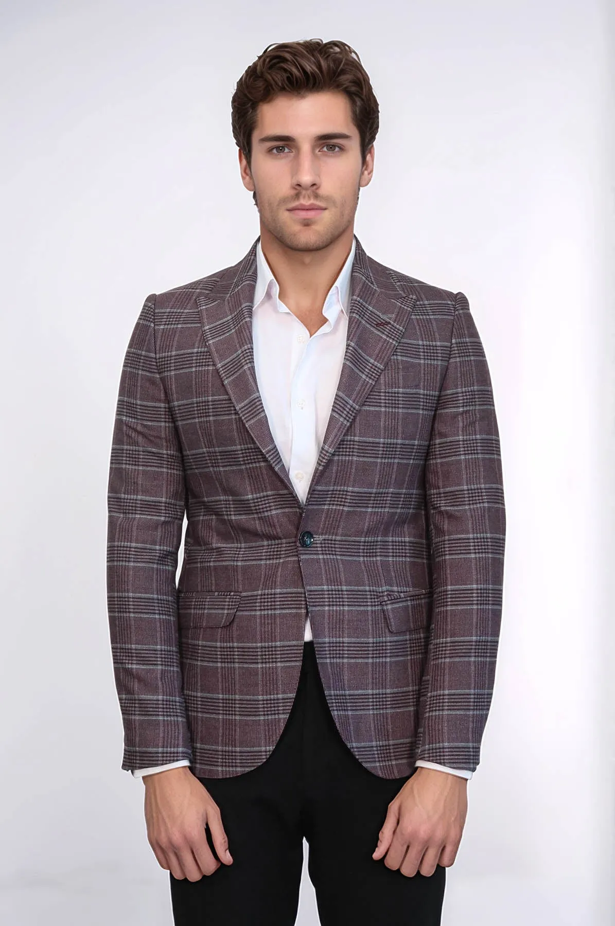 Slim-Fit Checked Burgundy Men Blazer - Wessi