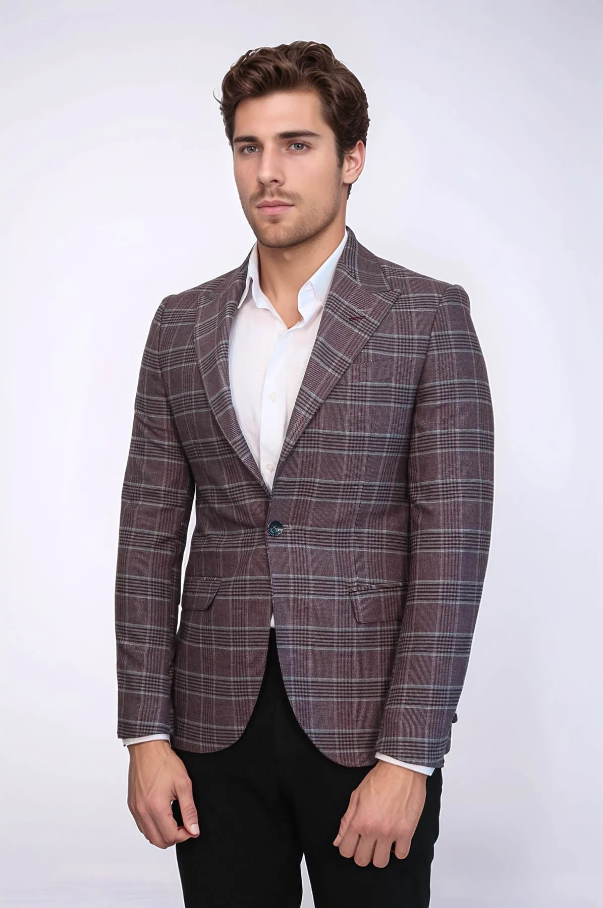 Slim-Fit Checked Burgundy Men Blazer - Wessi