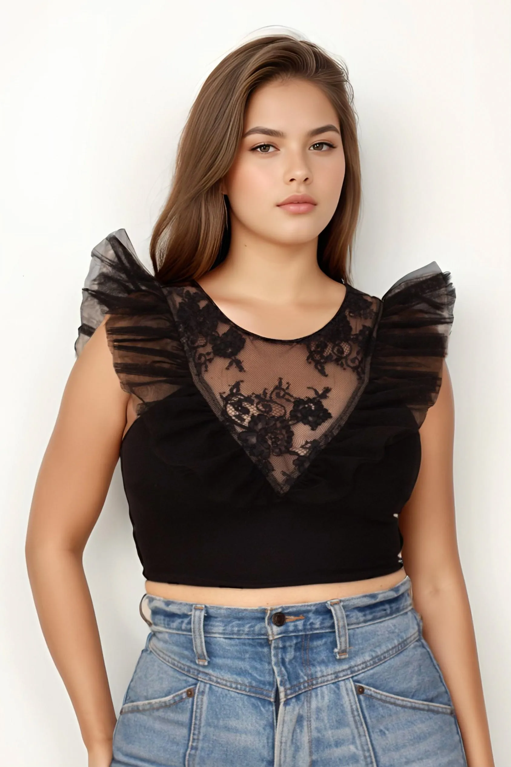Soho Black Lace & Tulle Crop Top
