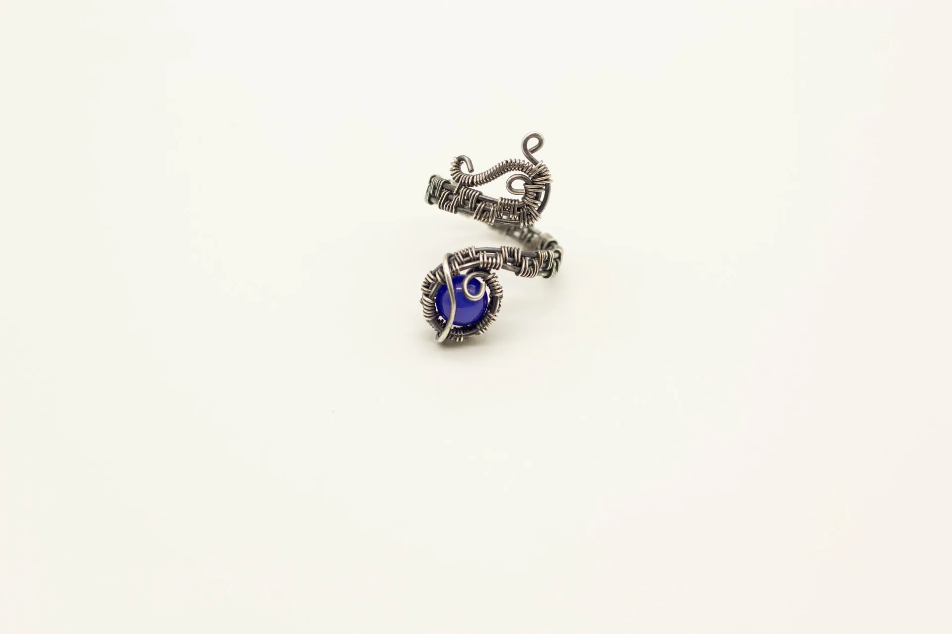 Sterling Silver Adjustable Ring with Bright Blue Fused Glass Accent