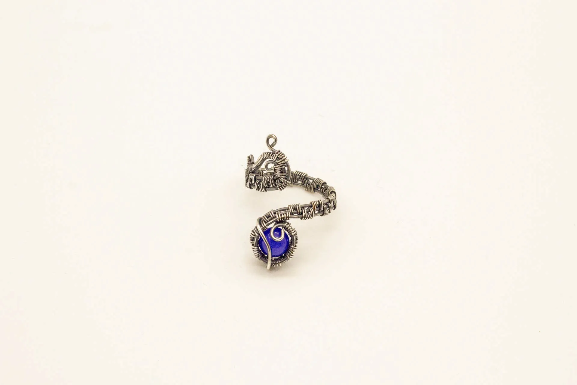 Sterling Silver Adjustable Ring with Bright Blue Fused Glass Accent