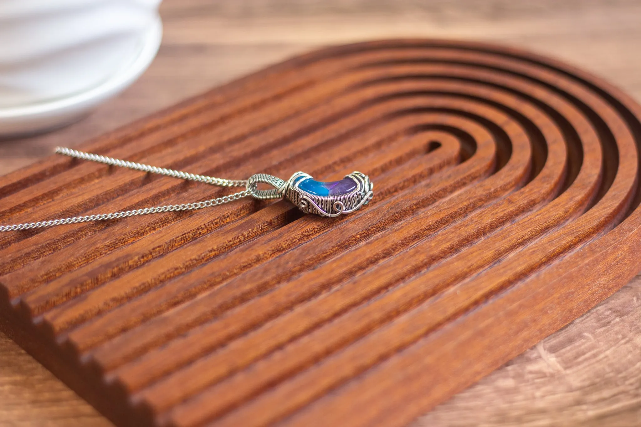 Sterling Silver and Dichroic Blue and Purple Fused Glass Crescent Moon Pendant
