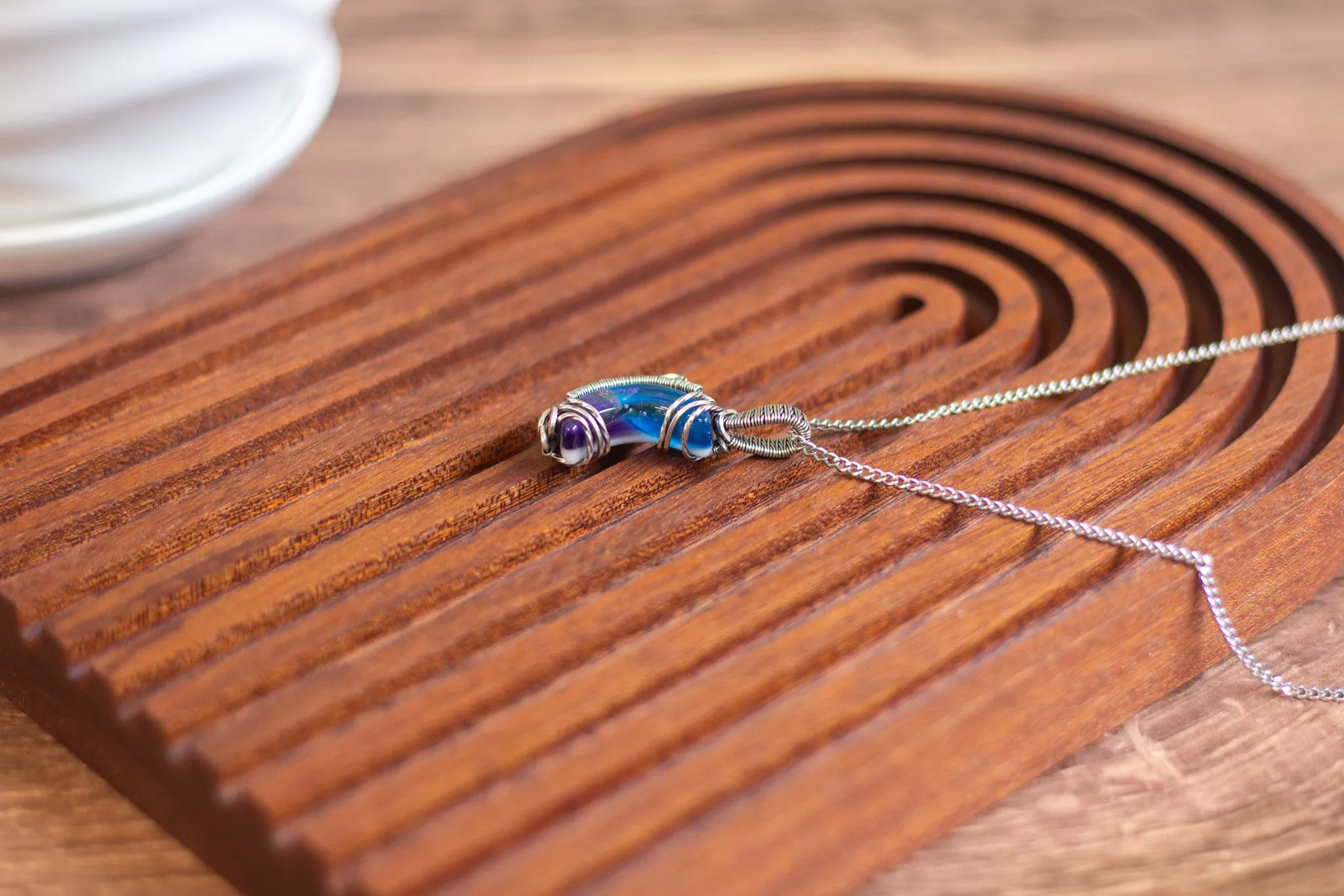 Sterling Silver and Dichroic Blue and Purple Fused Glass Crescent Moon Pendant