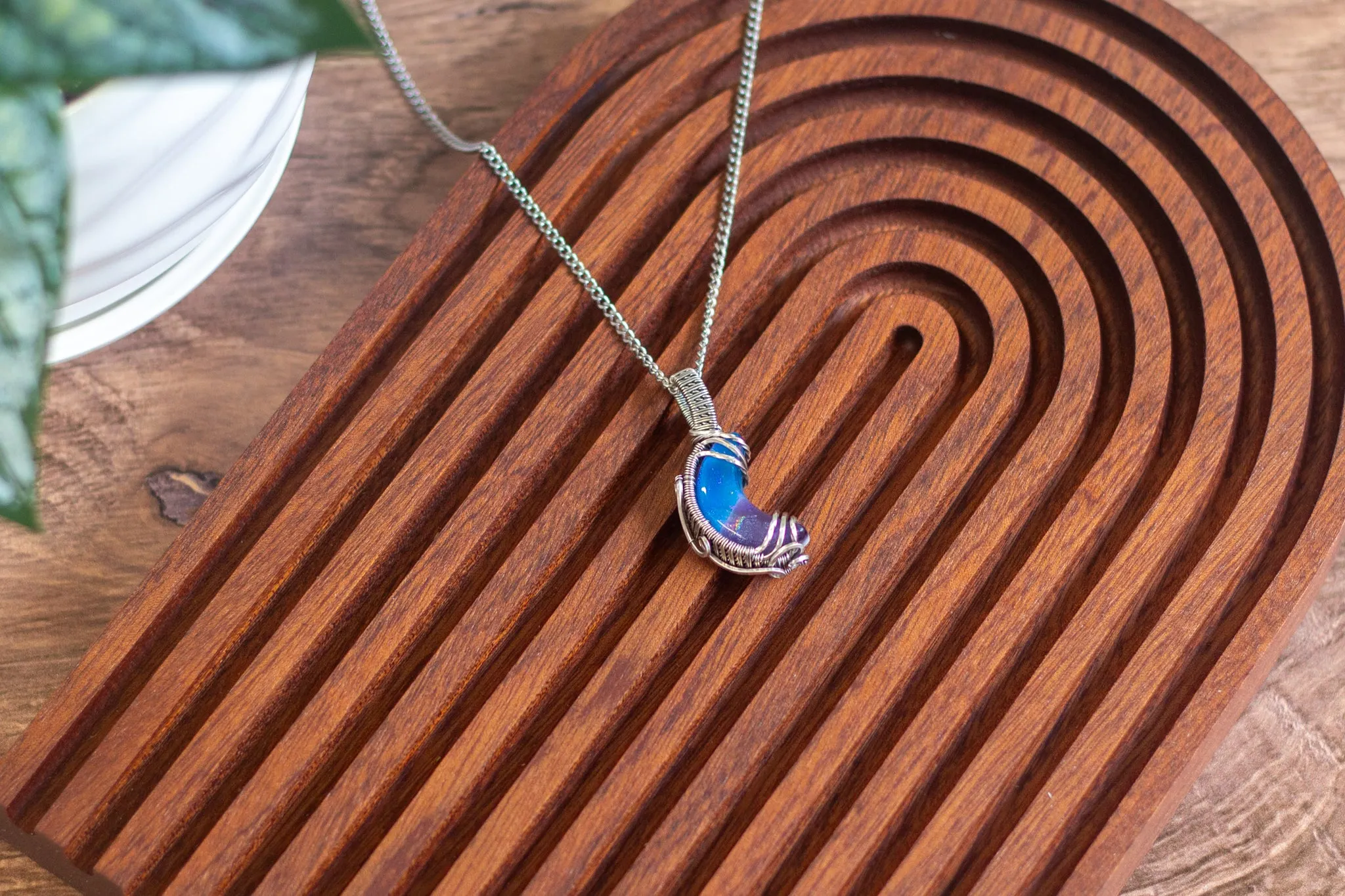 Sterling Silver and Dichroic Blue and Purple Fused Glass Crescent Moon Pendant