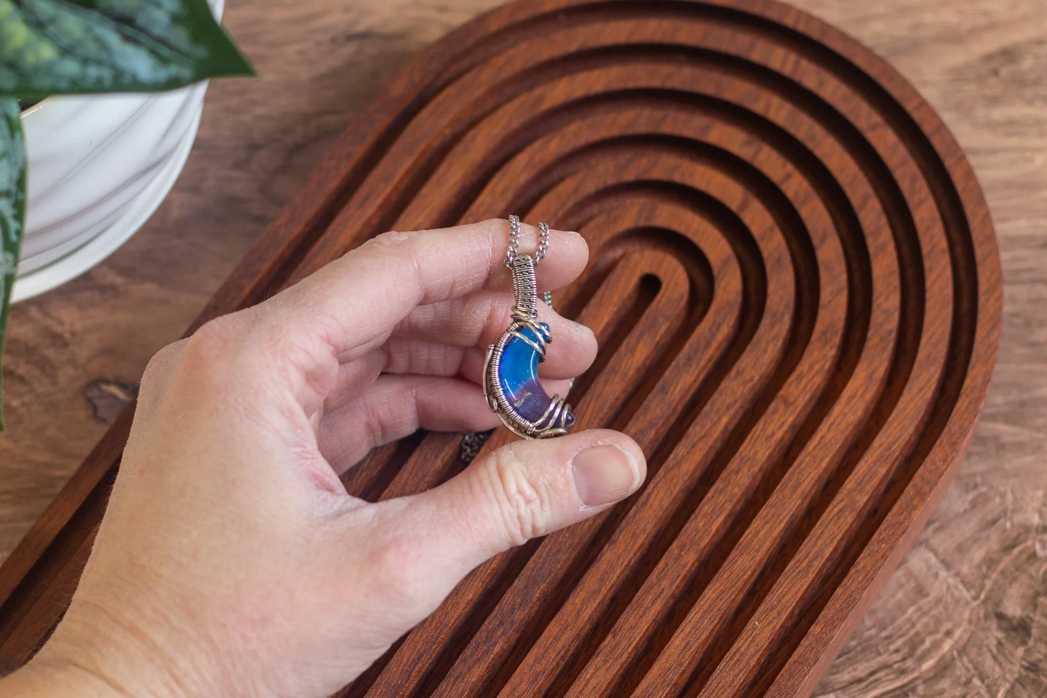 Sterling Silver and Dichroic Blue and Purple Fused Glass Crescent Moon Pendant