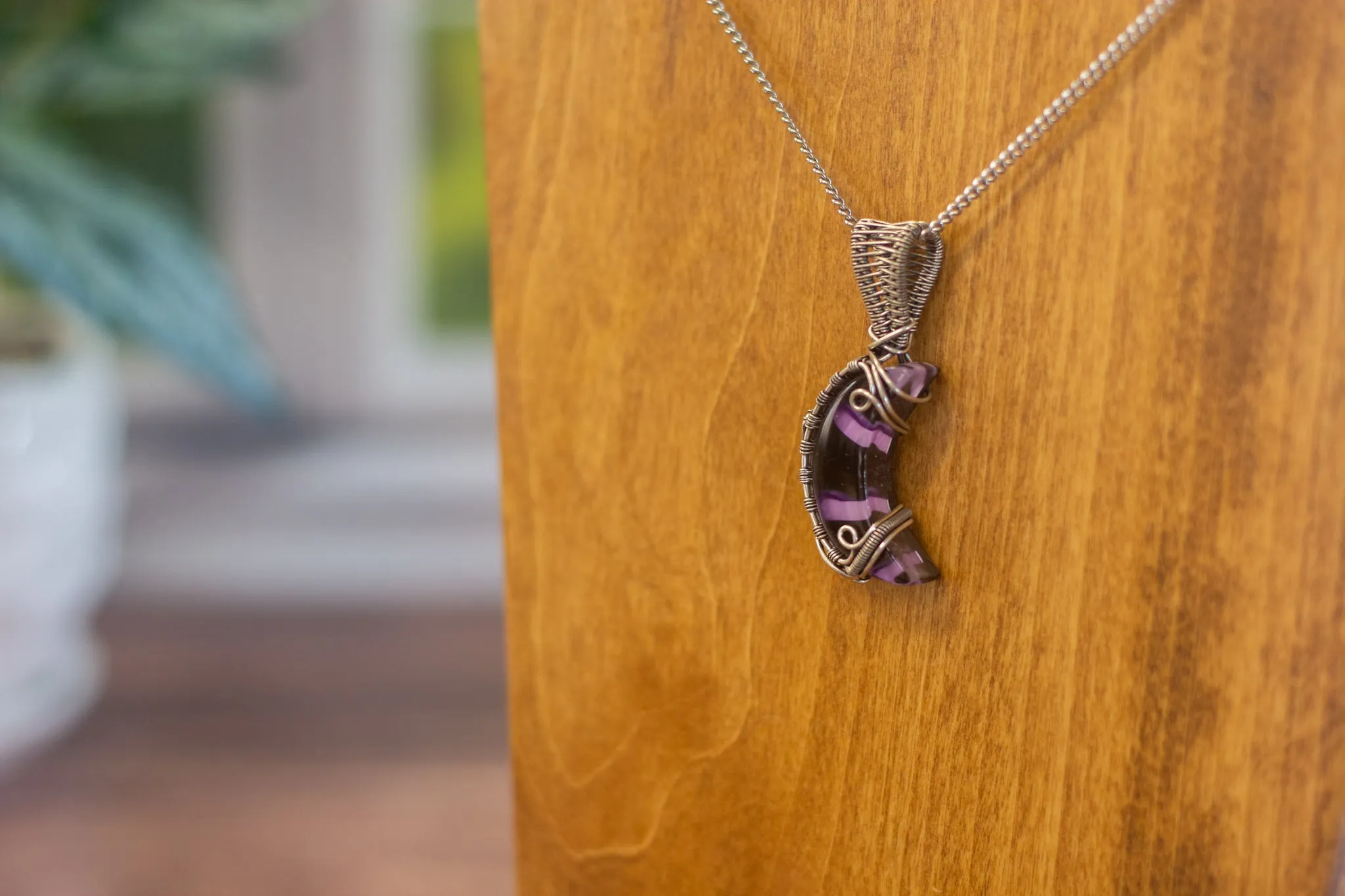 Sterling Silver and Purple and Black Fused Glass Crescent Moon Pendant