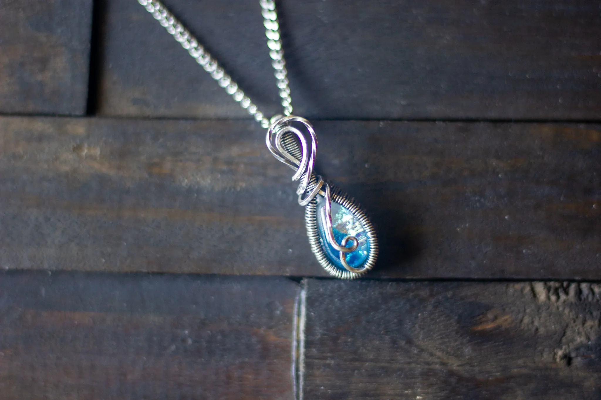 Sterling Silver Teardrop Pendant with Dichroic Blue and White Fused Glass