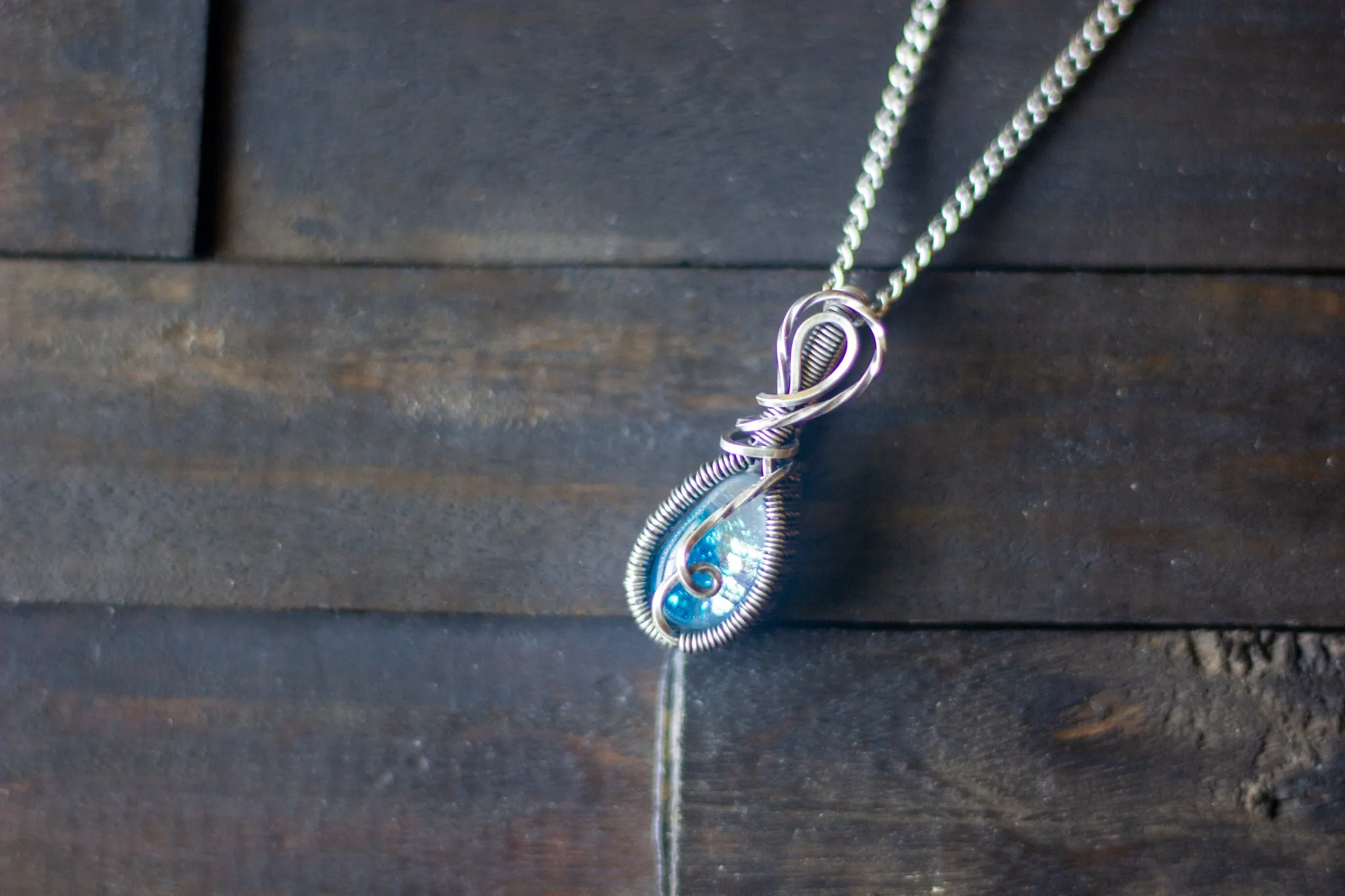 Sterling Silver Teardrop Pendant with Dichroic Blue and White Fused Glass