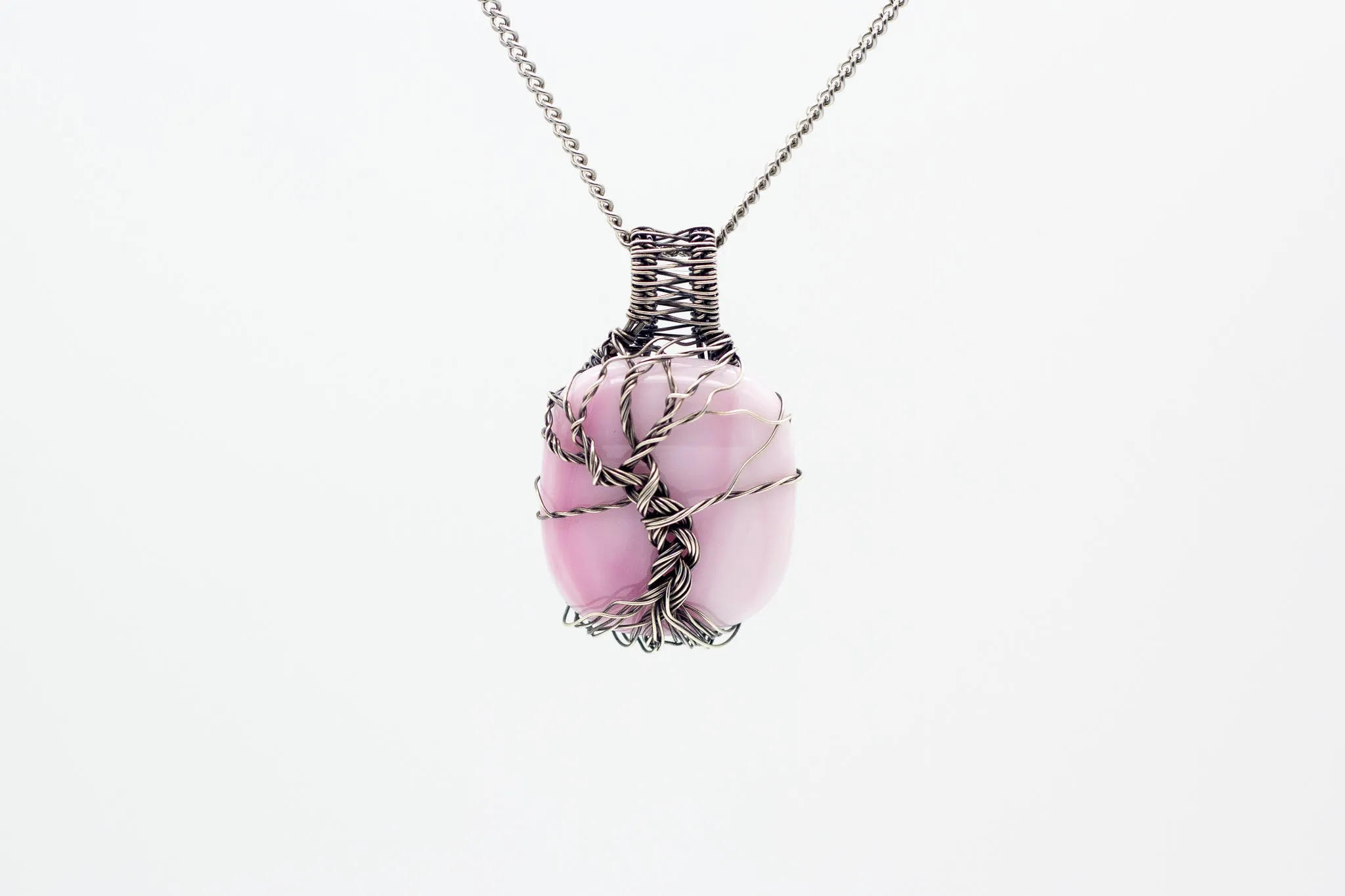 Sterling Silver Tree of Life Pendant with Streaked Pink Fused Glass