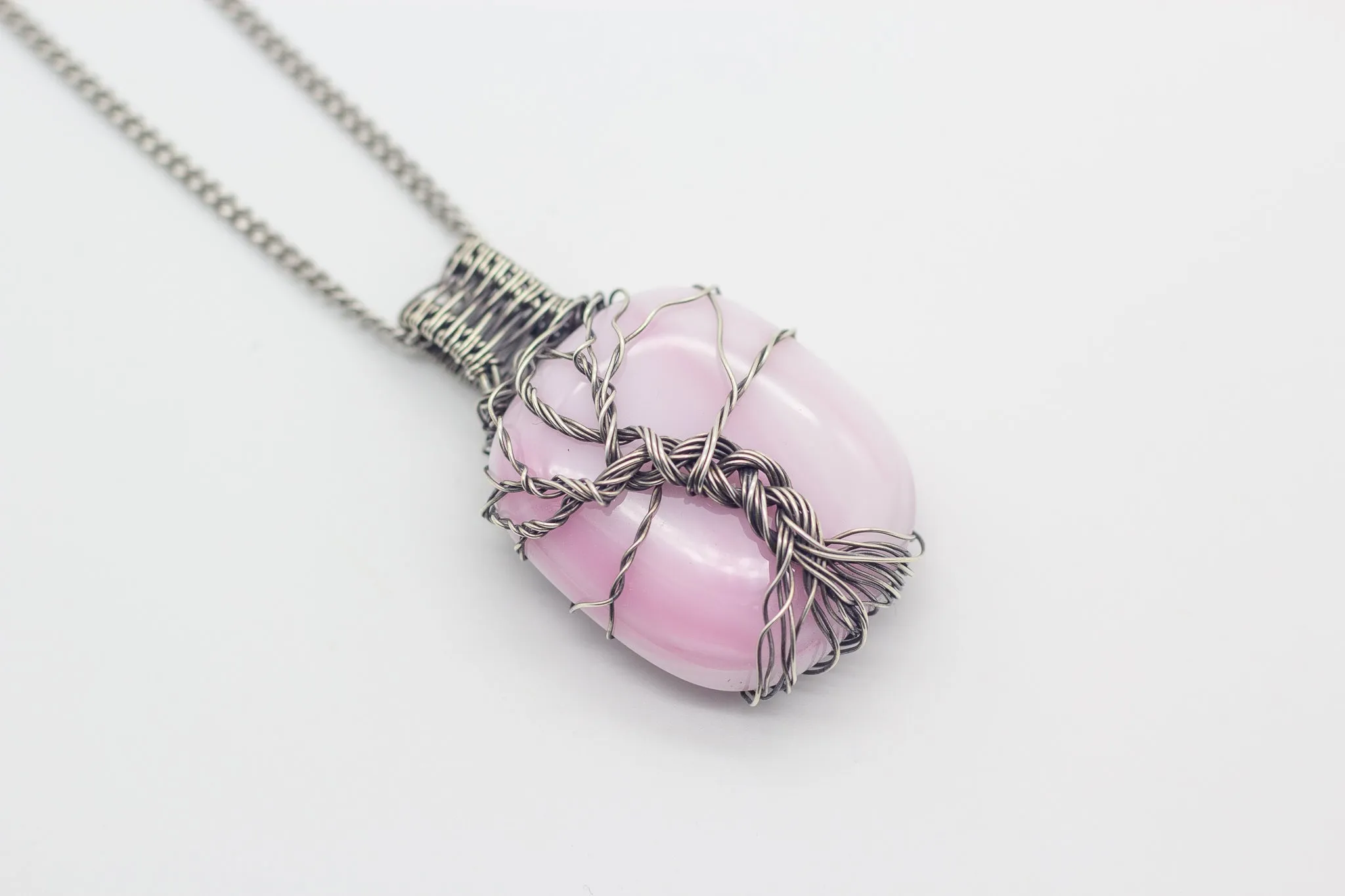 Sterling Silver Tree of Life Pendant with Streaked Pink Fused Glass
