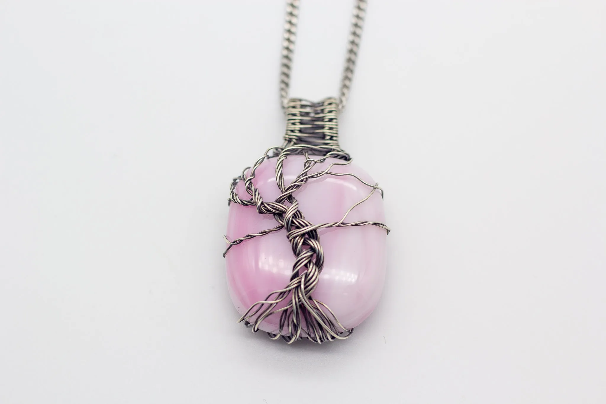 Sterling Silver Tree of Life Pendant with Streaked Pink Fused Glass