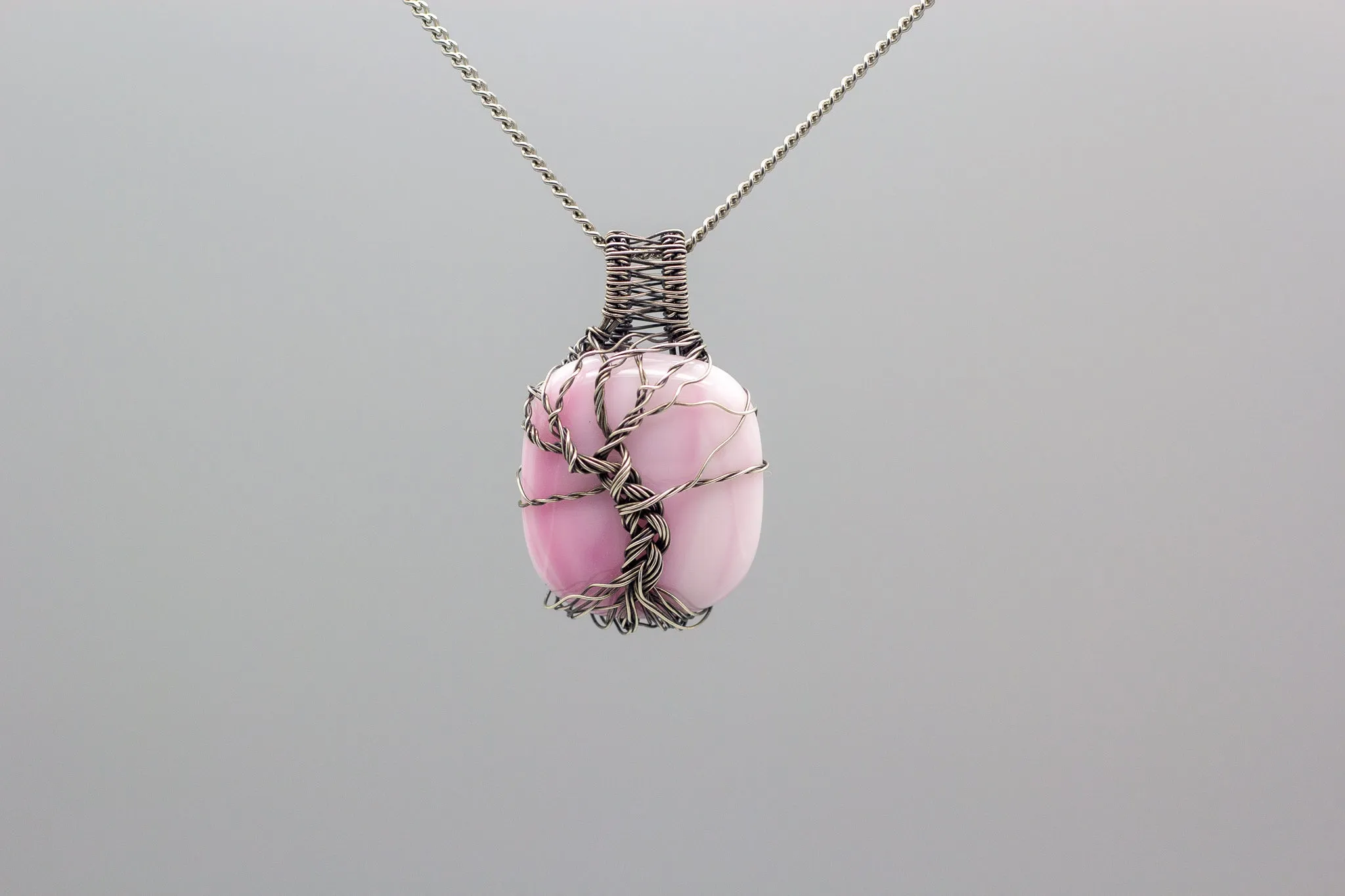 Sterling Silver Tree of Life Pendant with Streaked Pink Fused Glass