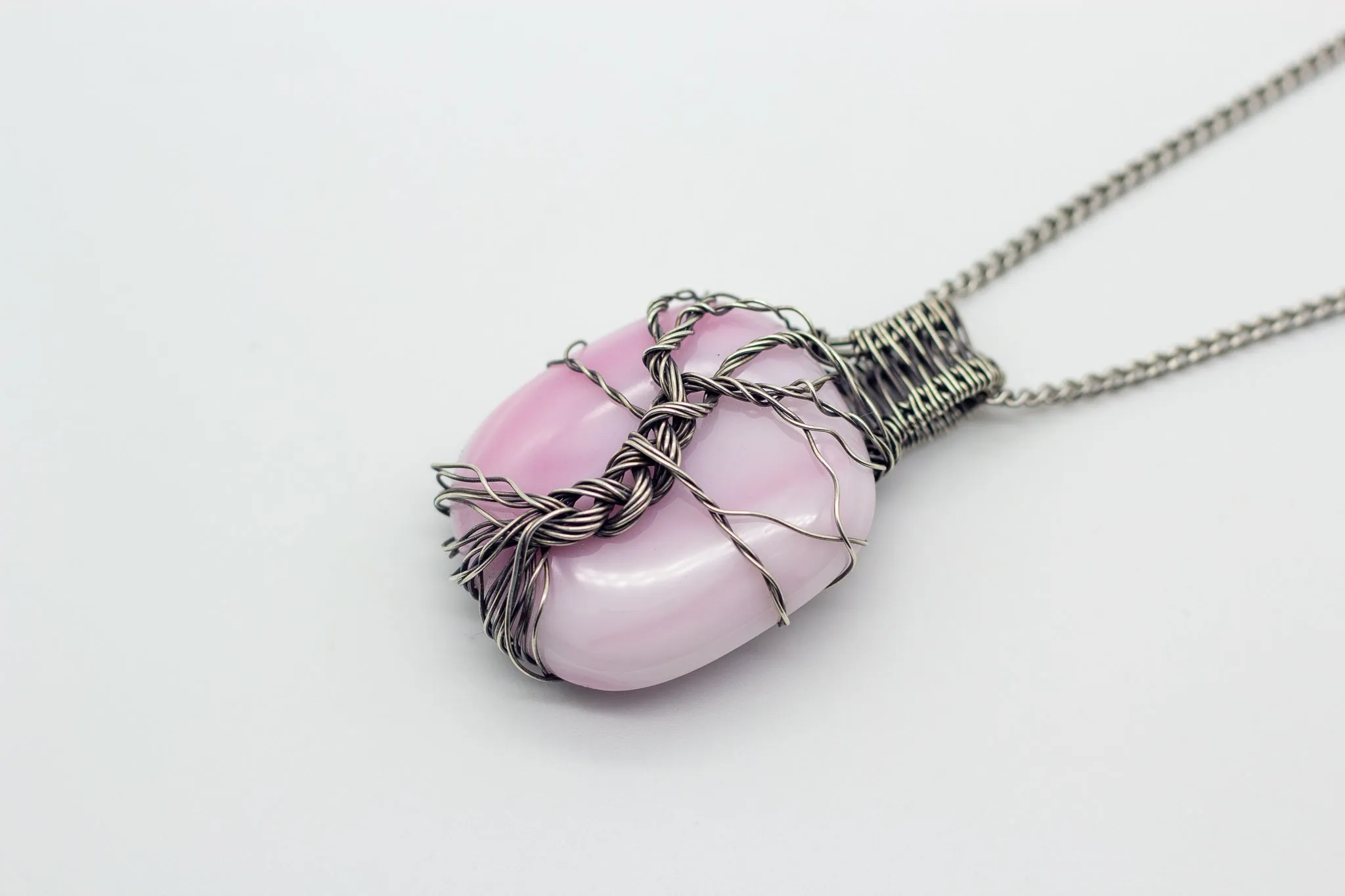 Sterling Silver Tree of Life Pendant with Streaked Pink Fused Glass