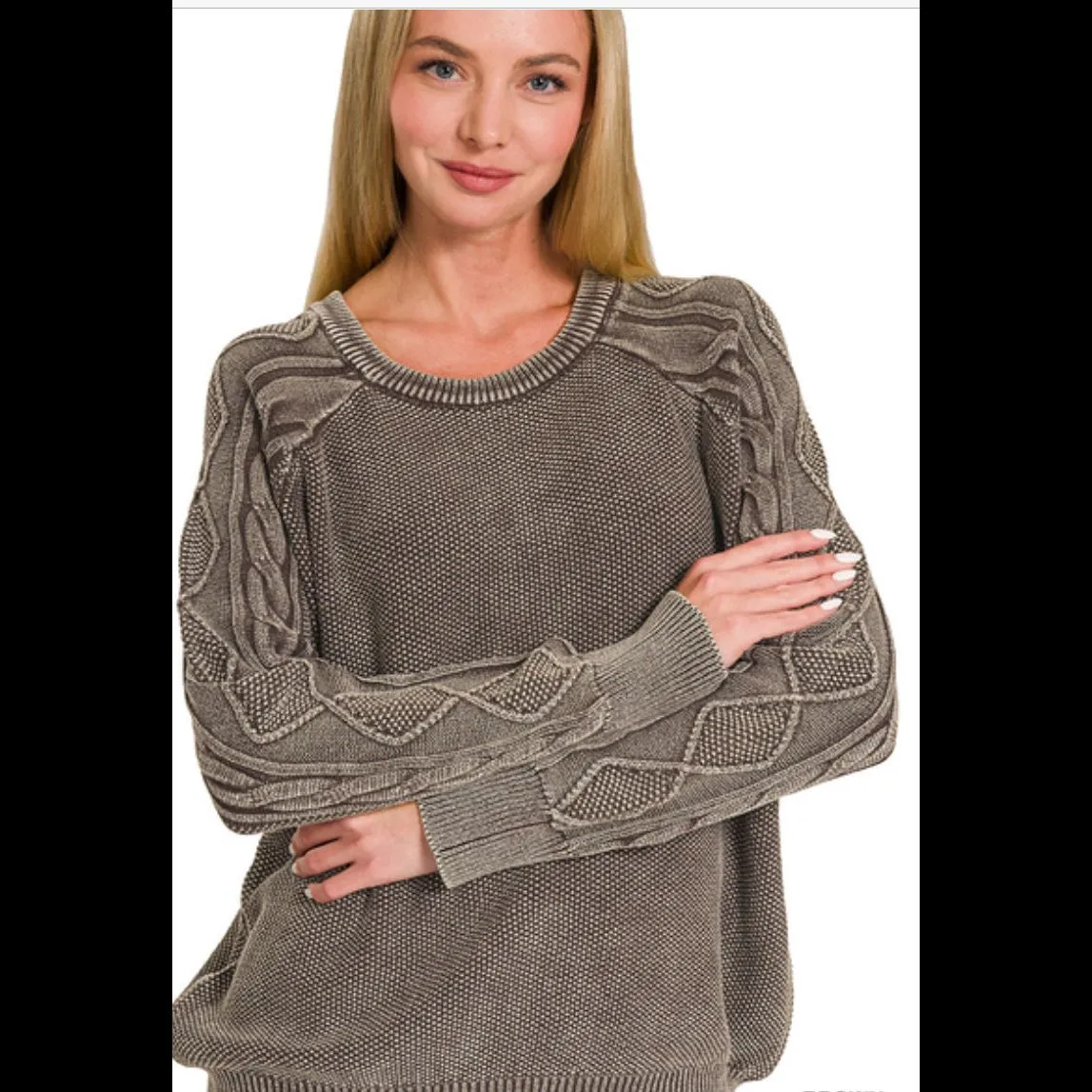 Stonewashed Cable Sleeve Crew Neck Sweater in Earth