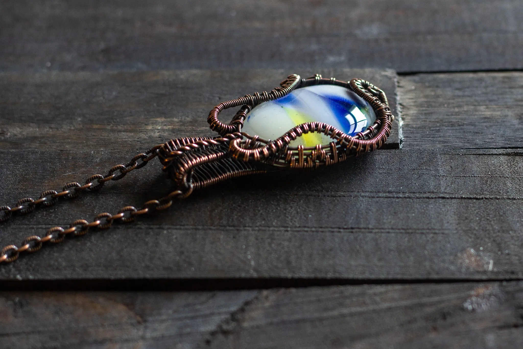 Streaked Blue, Yellow and White Fused Glass Pendant with Copper Wire Wrapping