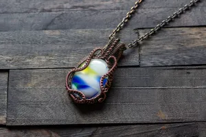 Streaked Blue, Yellow and White Fused Glass Pendant with Copper Wire Wrapping