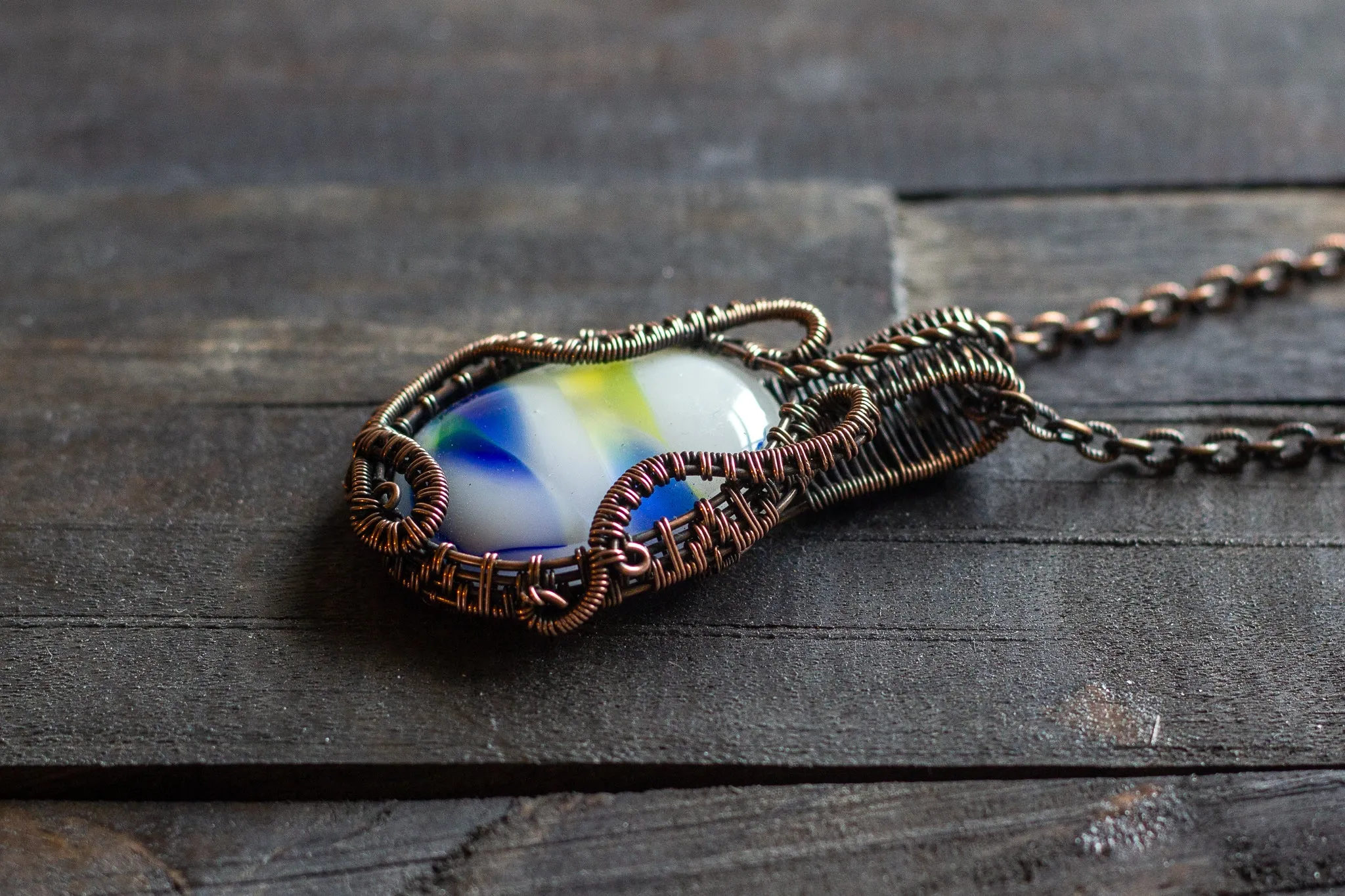 Streaked Blue, Yellow and White Fused Glass Pendant with Copper Wire Wrapping