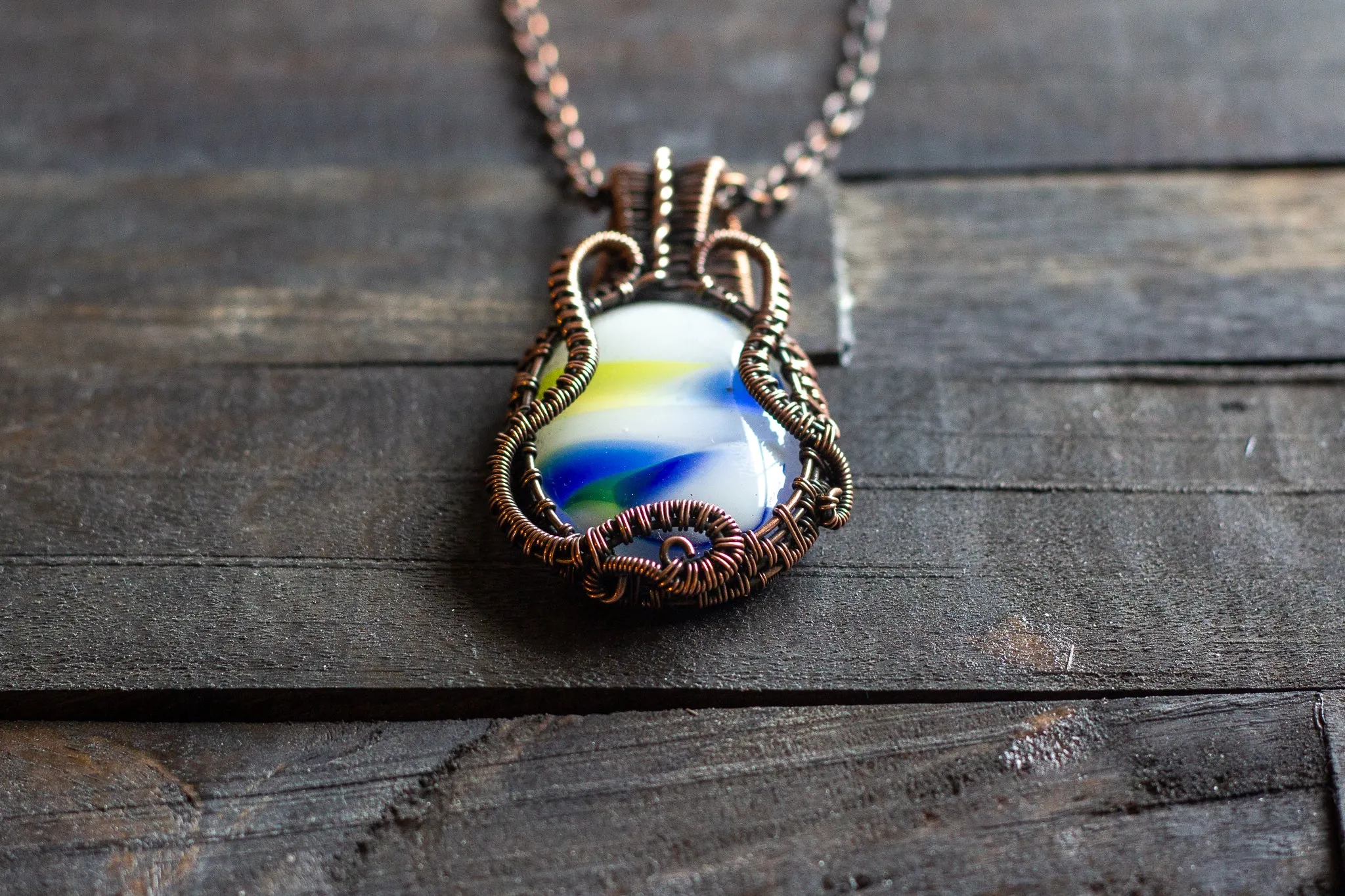 Streaked Blue, Yellow and White Fused Glass Pendant with Copper Wire Wrapping