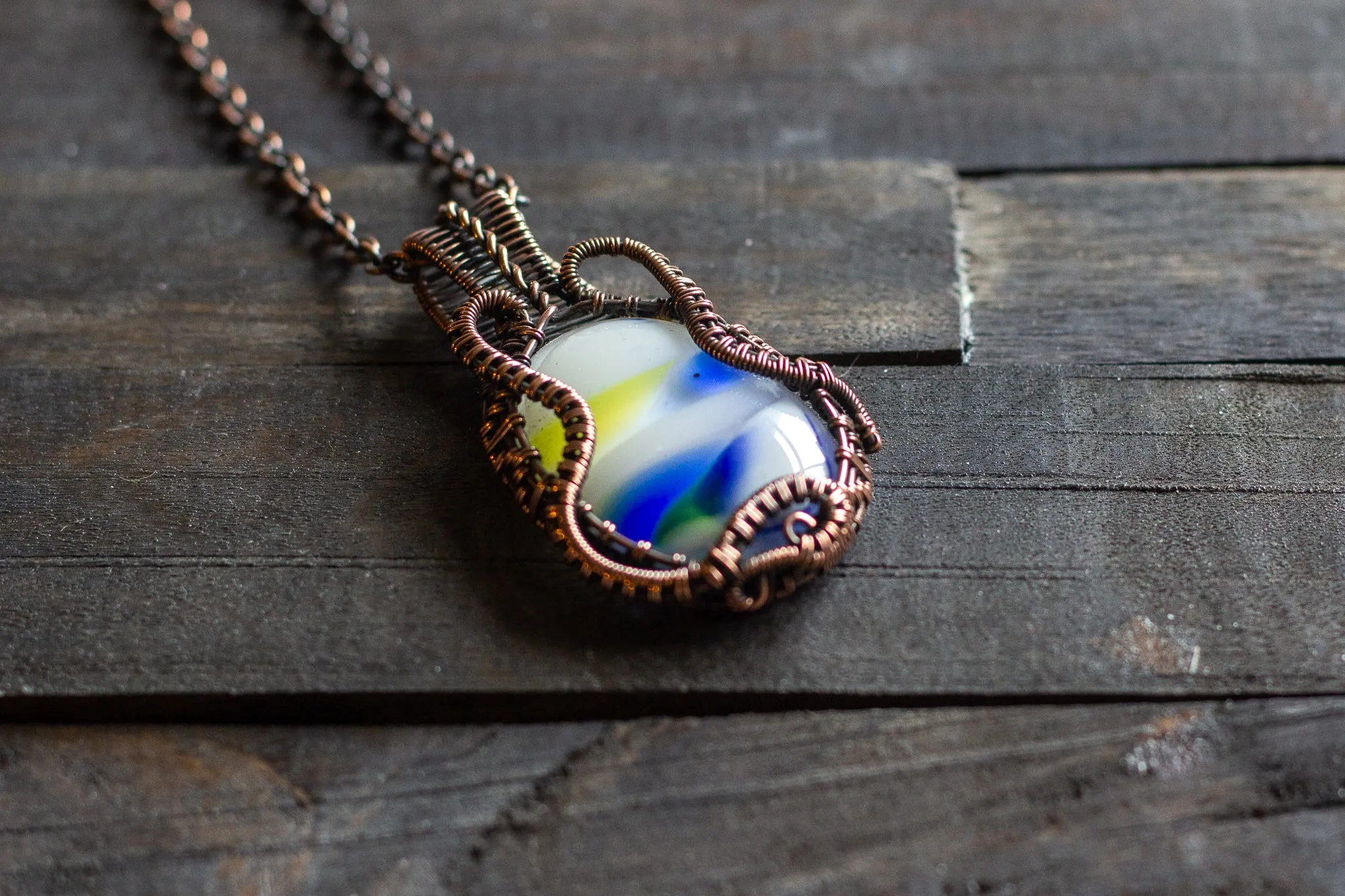 Streaked Blue, Yellow and White Fused Glass Pendant with Copper Wire Wrapping
