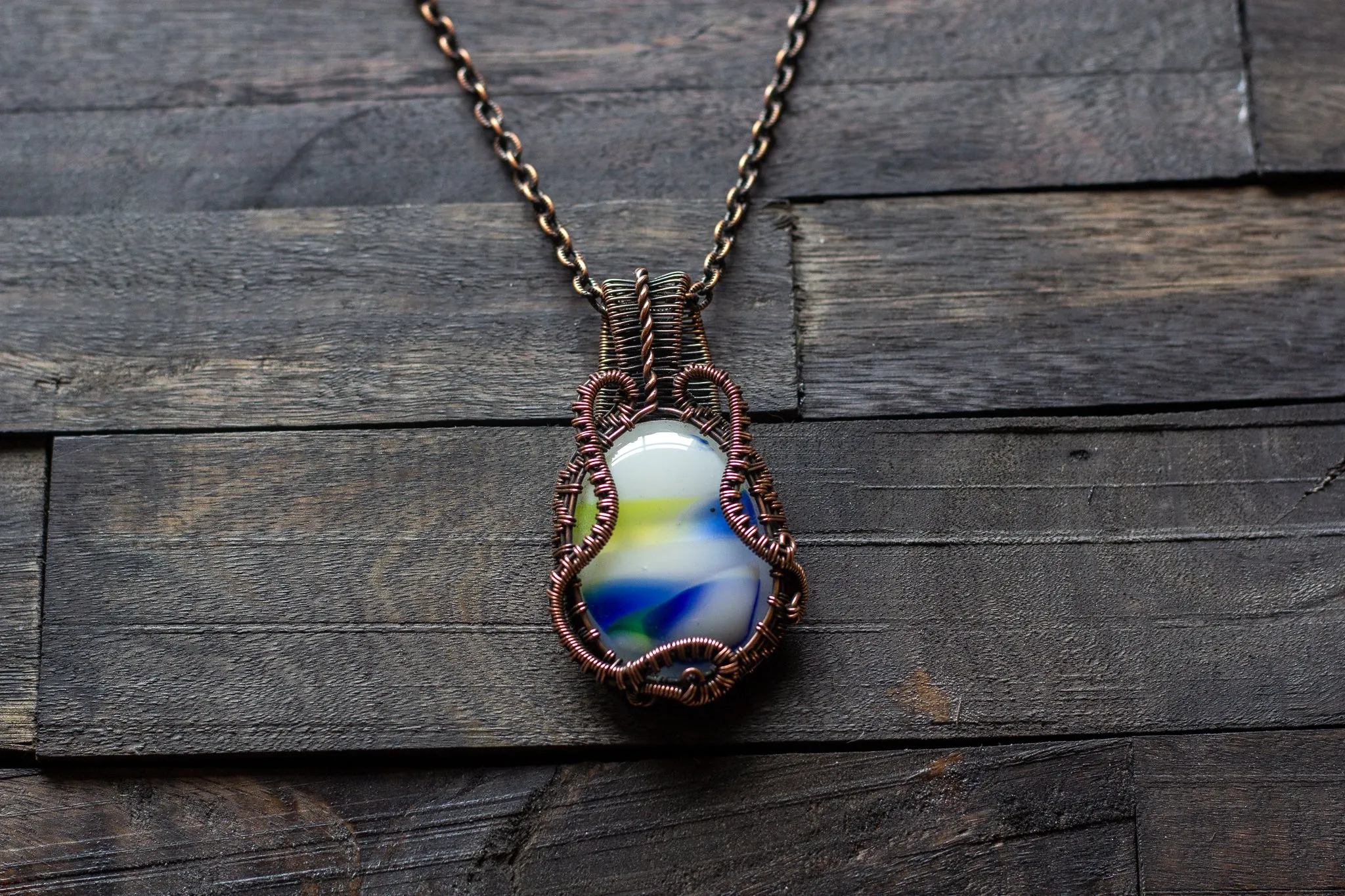 Streaked Blue, Yellow and White Fused Glass Pendant with Copper Wire Wrapping