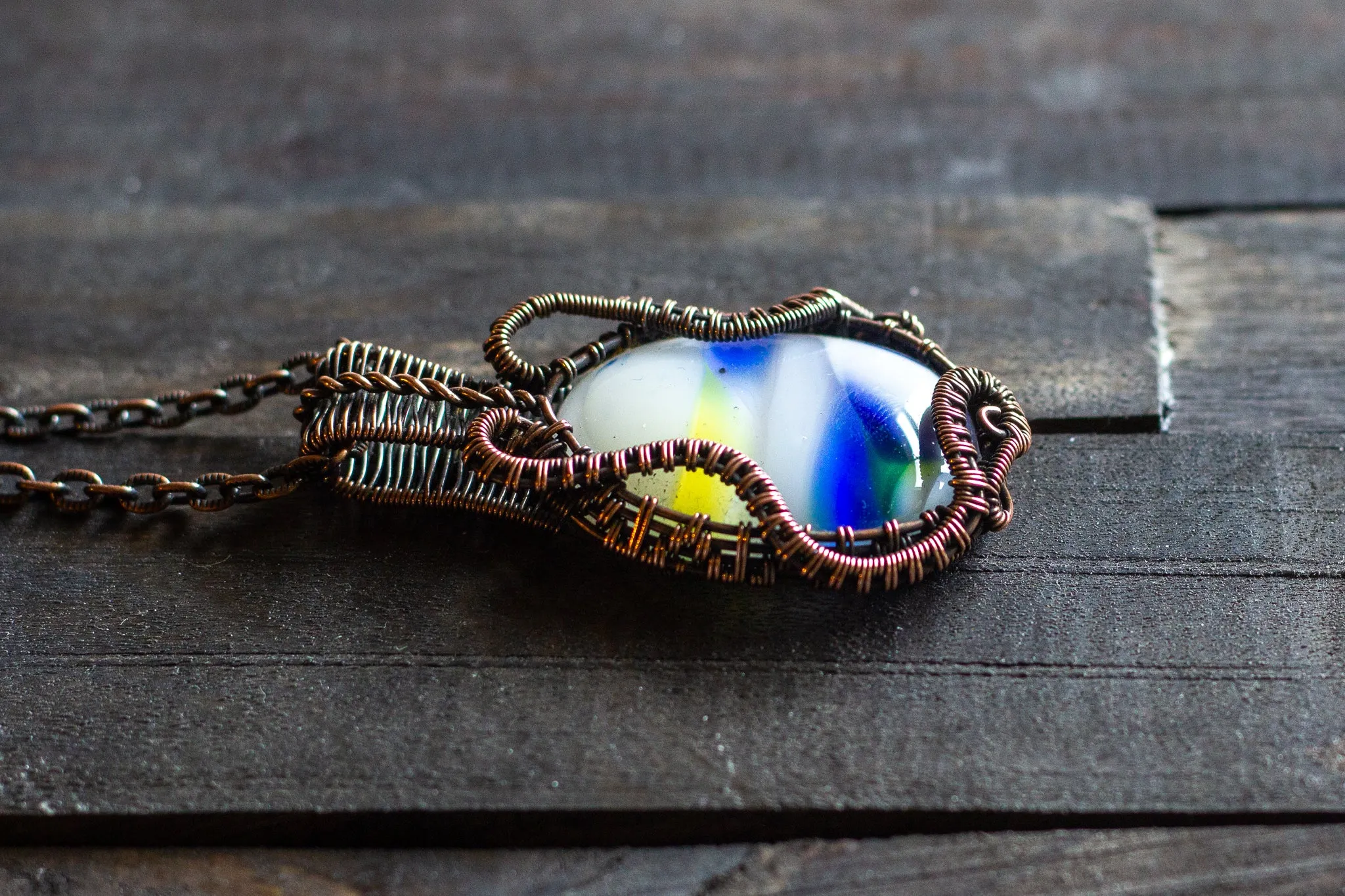 Streaked Blue, Yellow and White Fused Glass Pendant with Copper Wire Wrapping