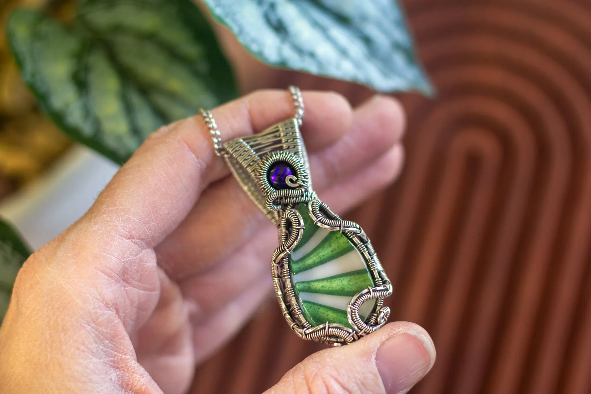Streaked Green and White Fused Glass Pendant with Sterling Silver Wire Wrapping