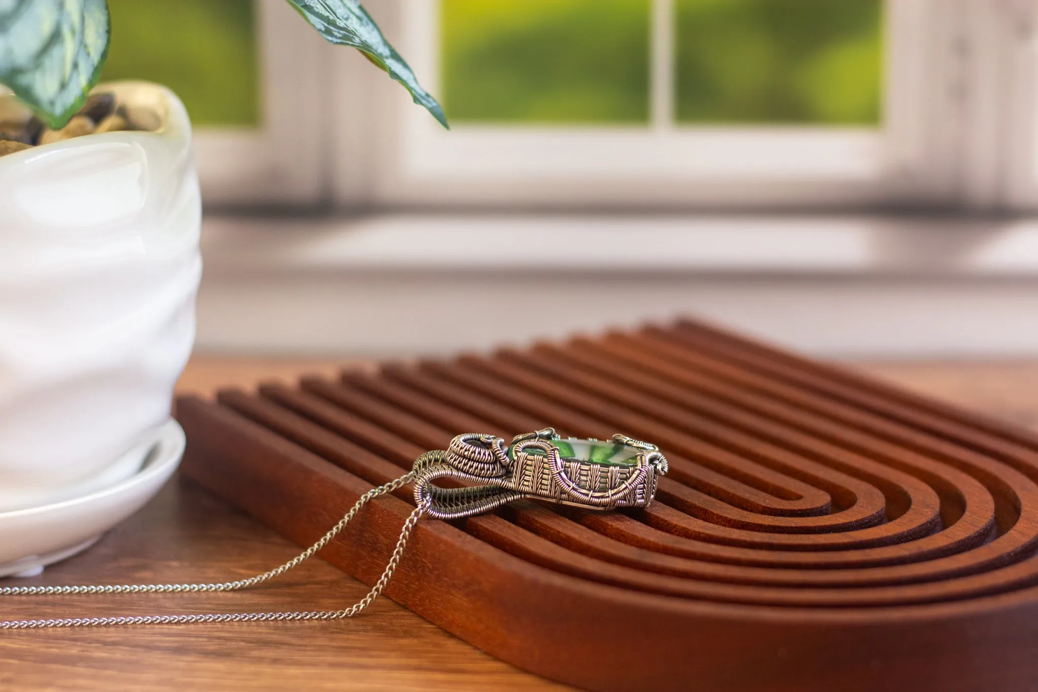 Streaked Green and White Fused Glass Pendant with Sterling Silver Wire Wrapping