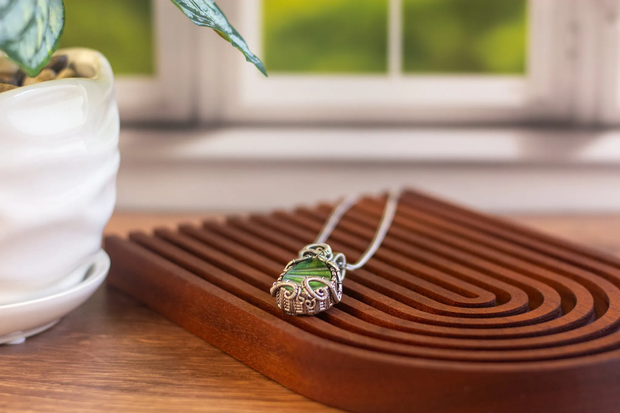 Streaked Green and White Fused Glass Pendant with Sterling Silver Wire Wrapping