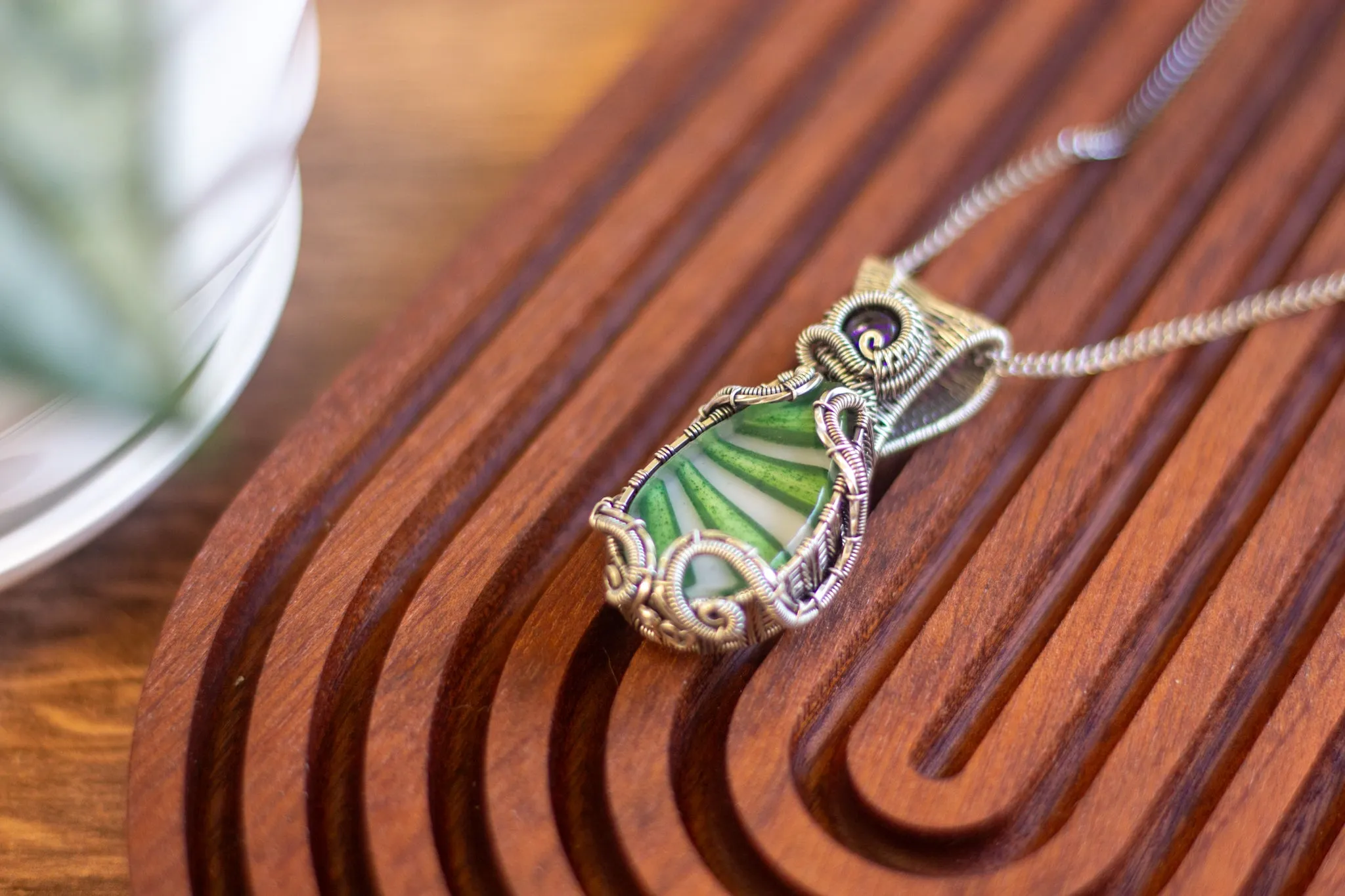 Streaked Green and White Fused Glass Pendant with Sterling Silver Wire Wrapping