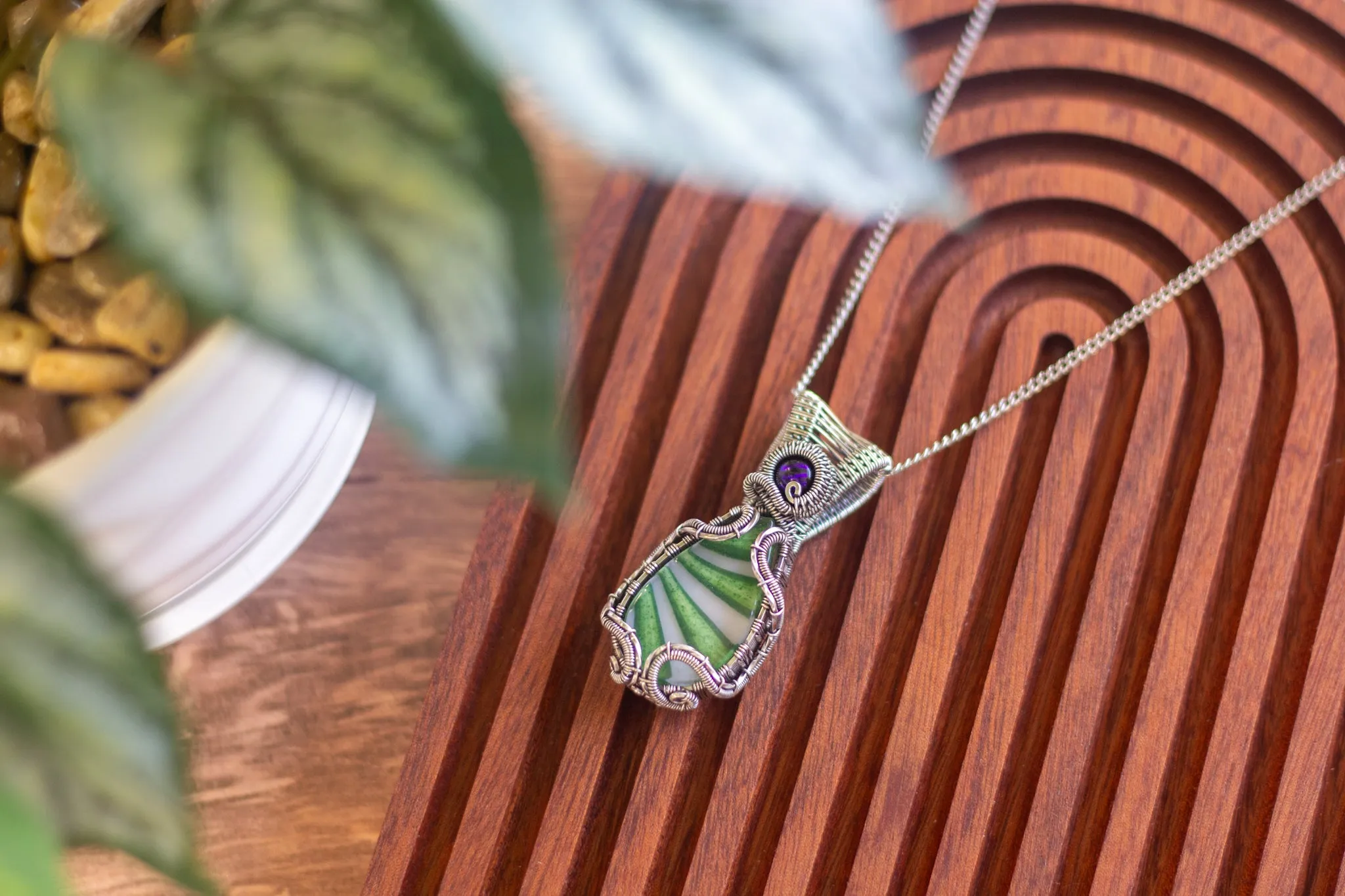 Streaked Green and White Fused Glass Pendant with Sterling Silver Wire Wrapping