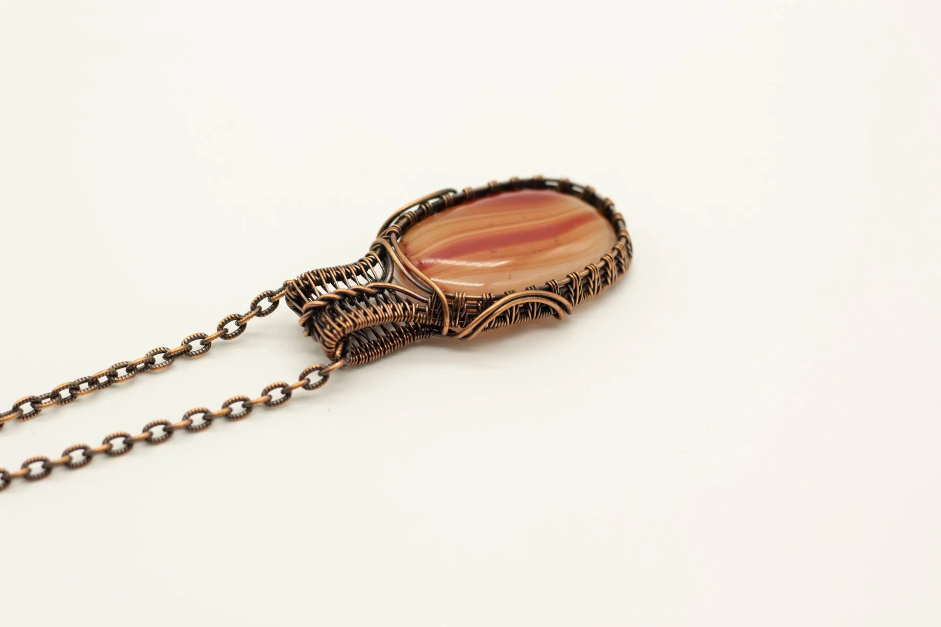 Streaked Orange Fused Glass Necklace with Copper Wire Wrapping