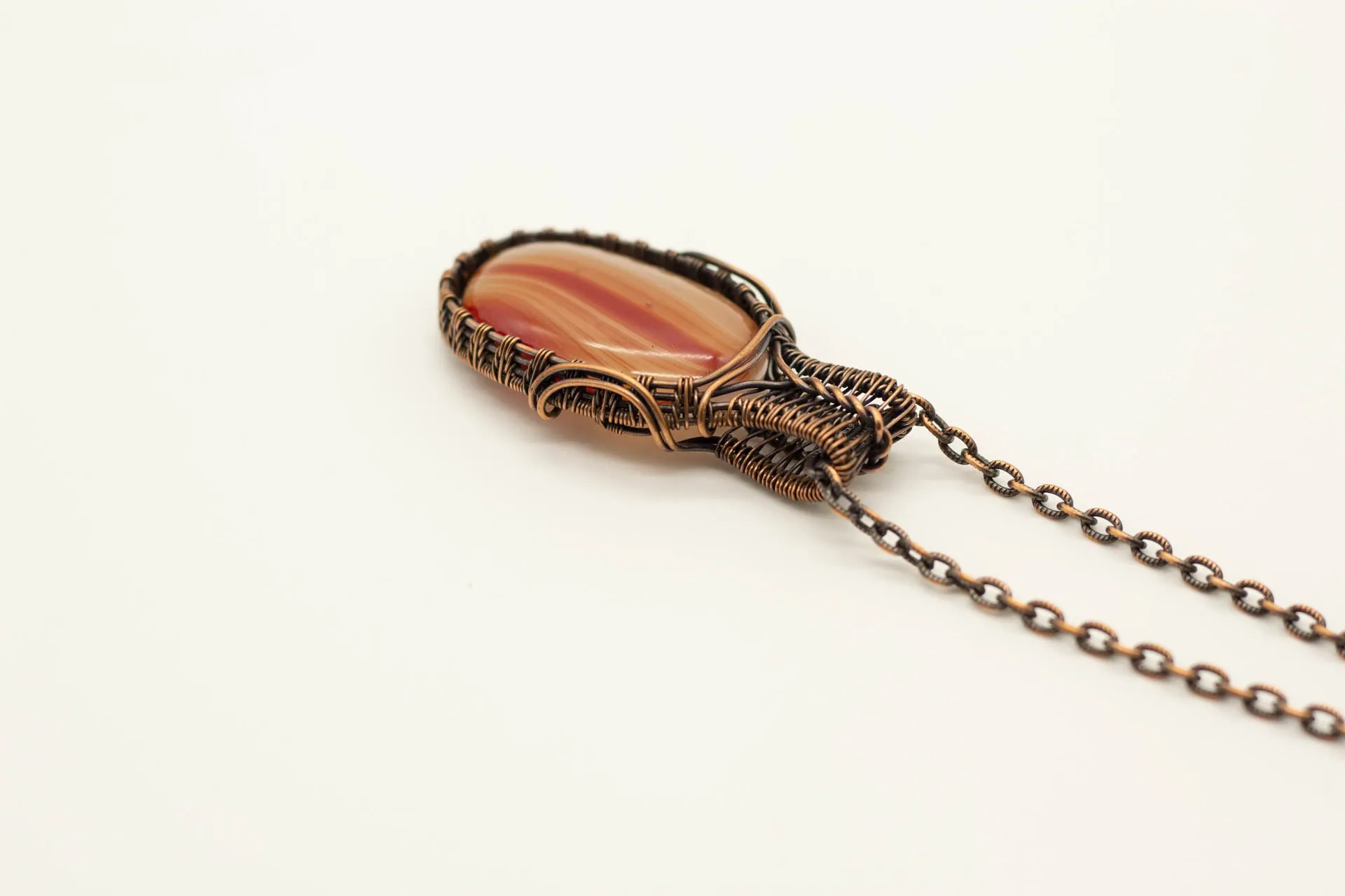 Streaked Orange Fused Glass Necklace with Copper Wire Wrapping