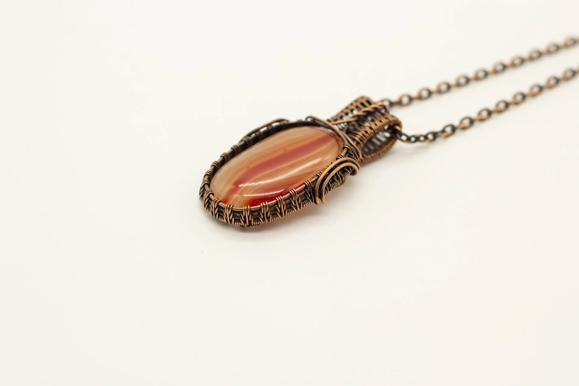 Streaked Orange Fused Glass Necklace with Copper Wire Wrapping