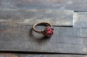 Streaked Red and White Fused Glass and Copper Wire Wrapped Ring