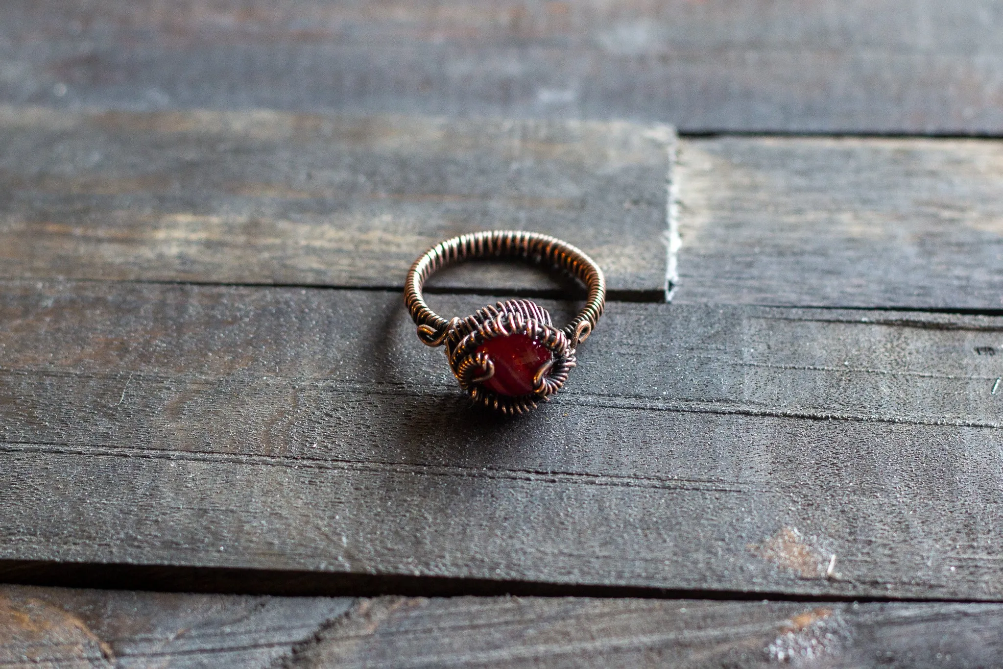 Streaked Red and White Fused Glass and Copper Wire Wrapped Ring