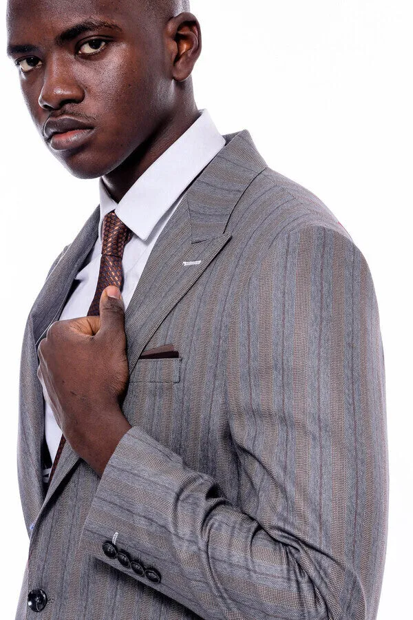 Striped Slim Fit Men Grey Blazer - Wessi